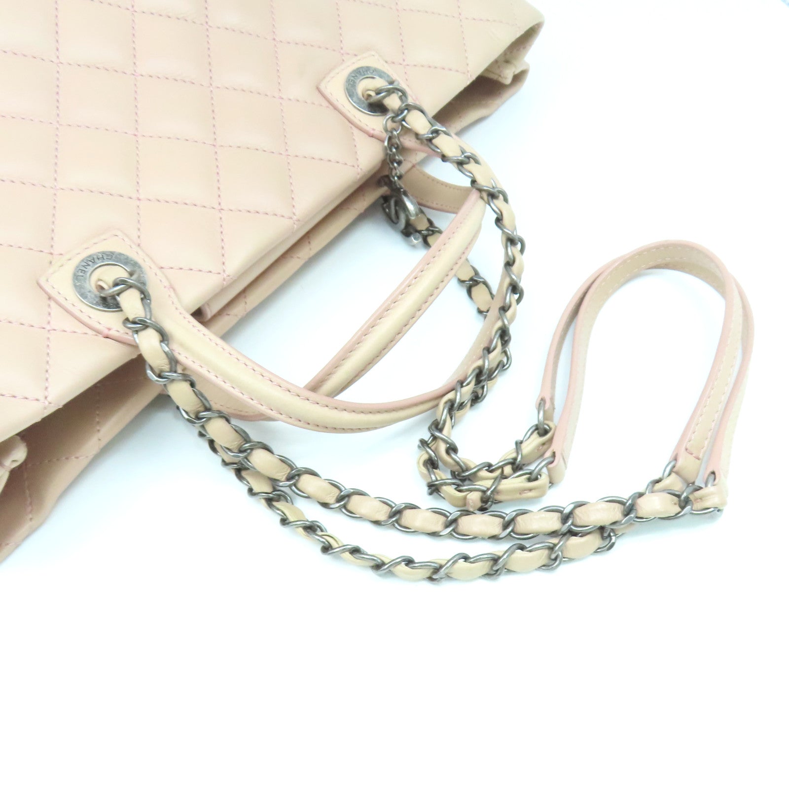 CHANEL 菱格羊皮皮革2Way Tote Bag銀扣鏈帶肩背袋粉紅色