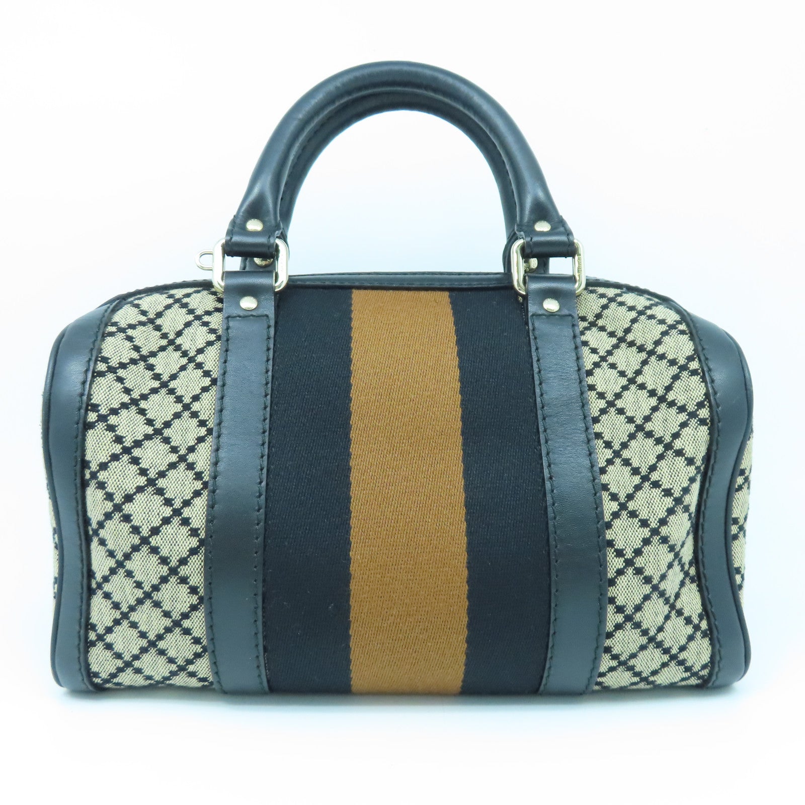 GUCCI Canvas Boston Bag Silver Buckle Handle Shoulder Bag Brown/Black