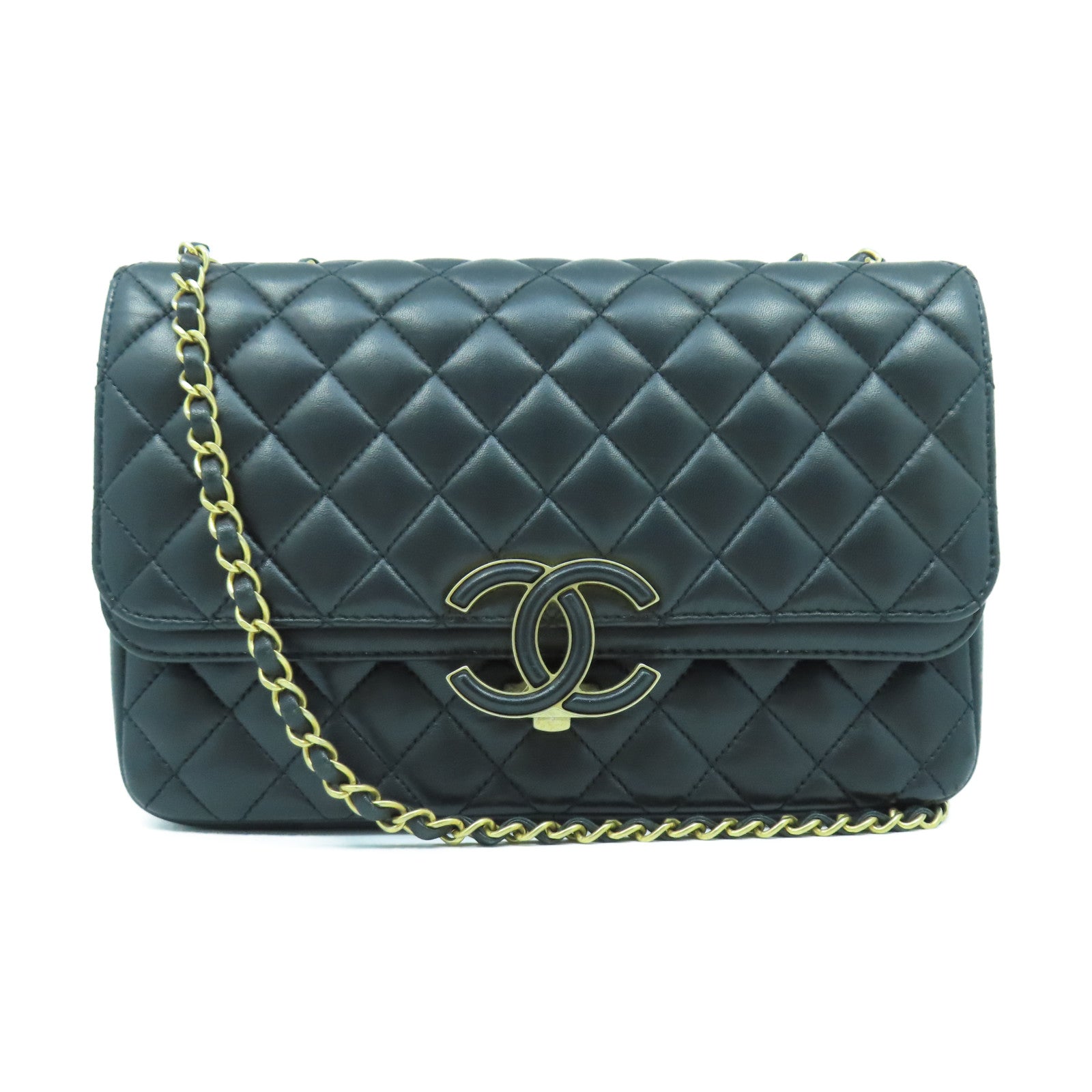 CHANEL 菱格羊皮皮革Shoulder Bag金扣鏈帶肩背袋黑色