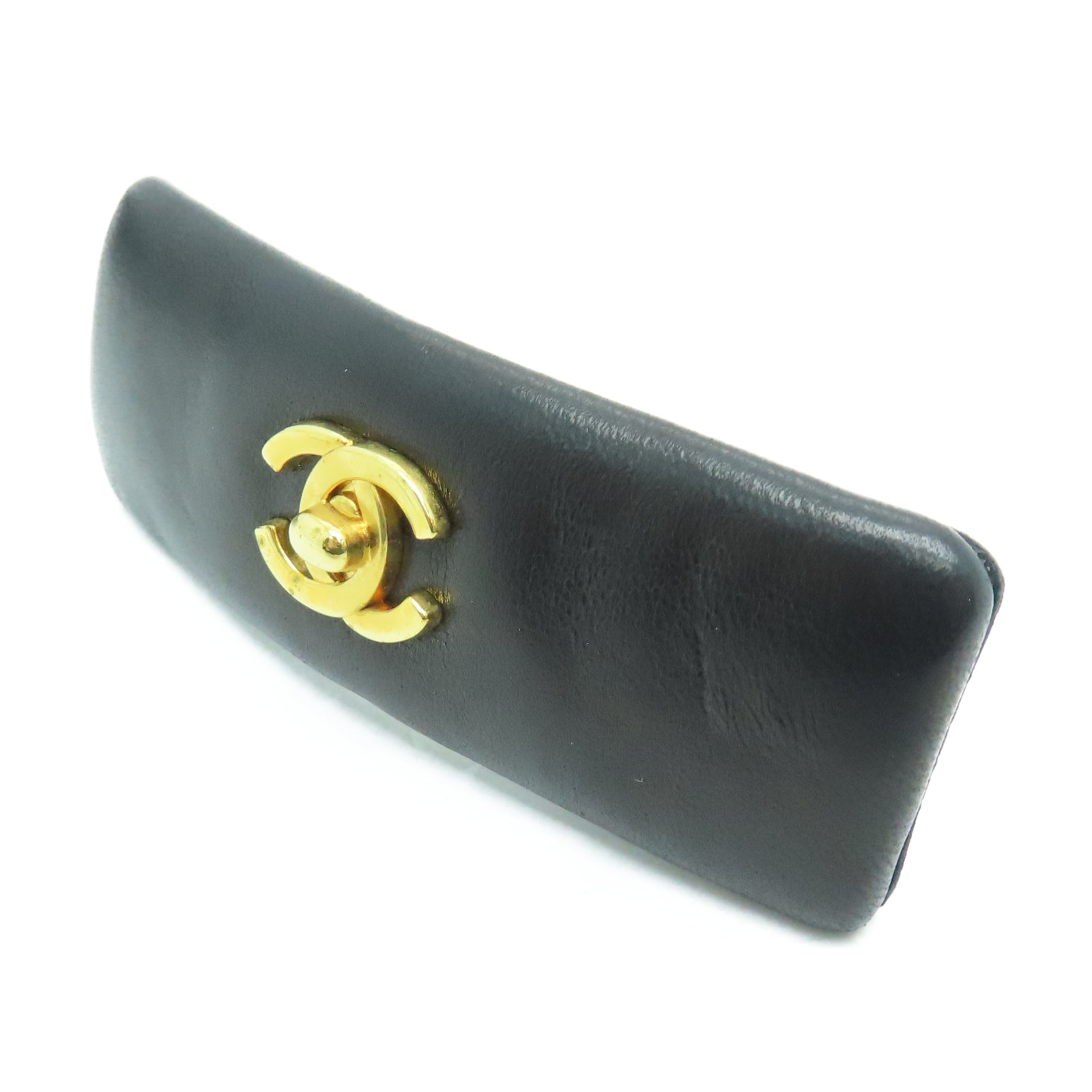 CHANEL 羊皮皮革Hair Clip金扣发夹黑色