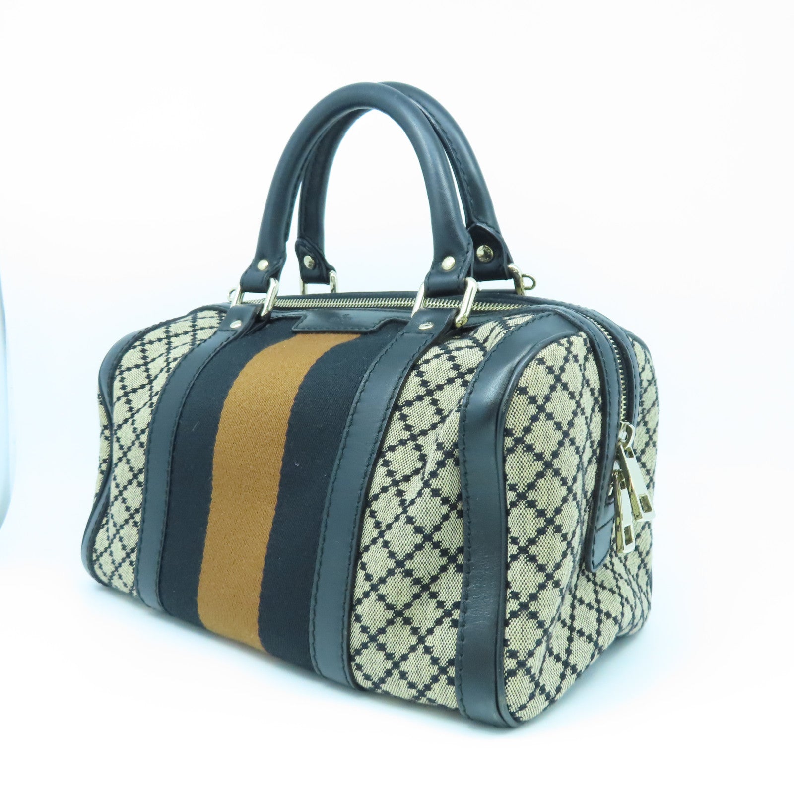 GUCCI Canvas Boston Bag Silver Buckle Handle Shoulder Bag Brown/Black