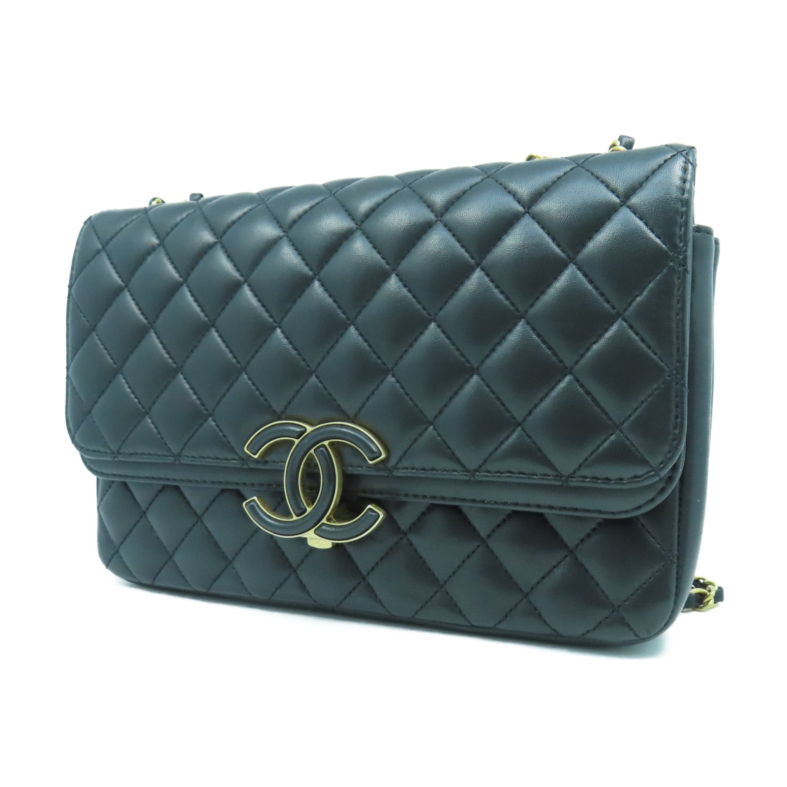 CHANEL 菱格羊皮皮革Shoulder Bag金扣鏈帶肩背袋黑色