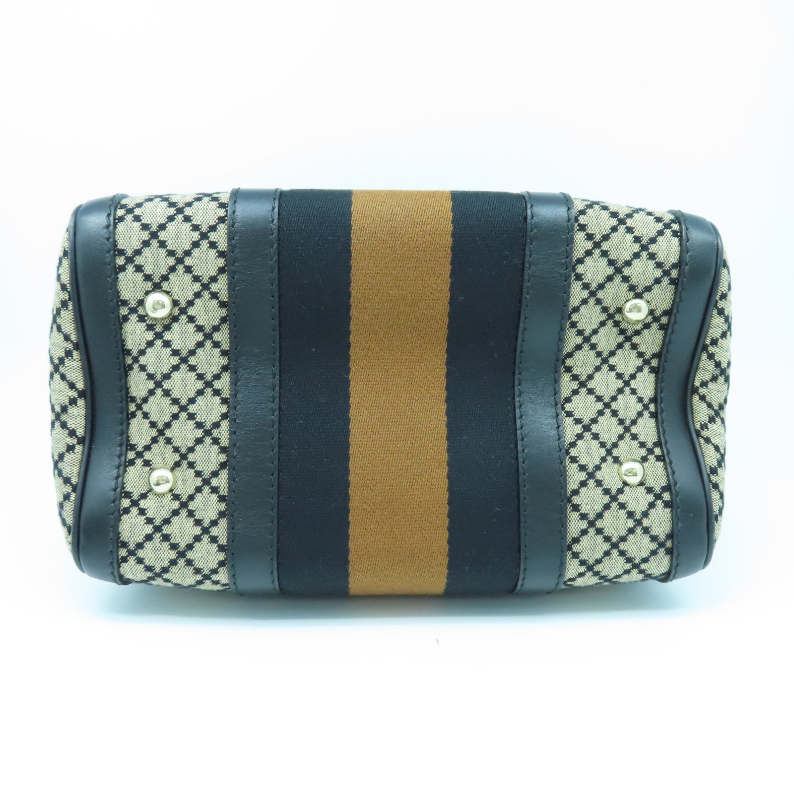 GUCCI Canvas Boston Bag Silver Buckle Handle Shoulder Bag Brown/Black
