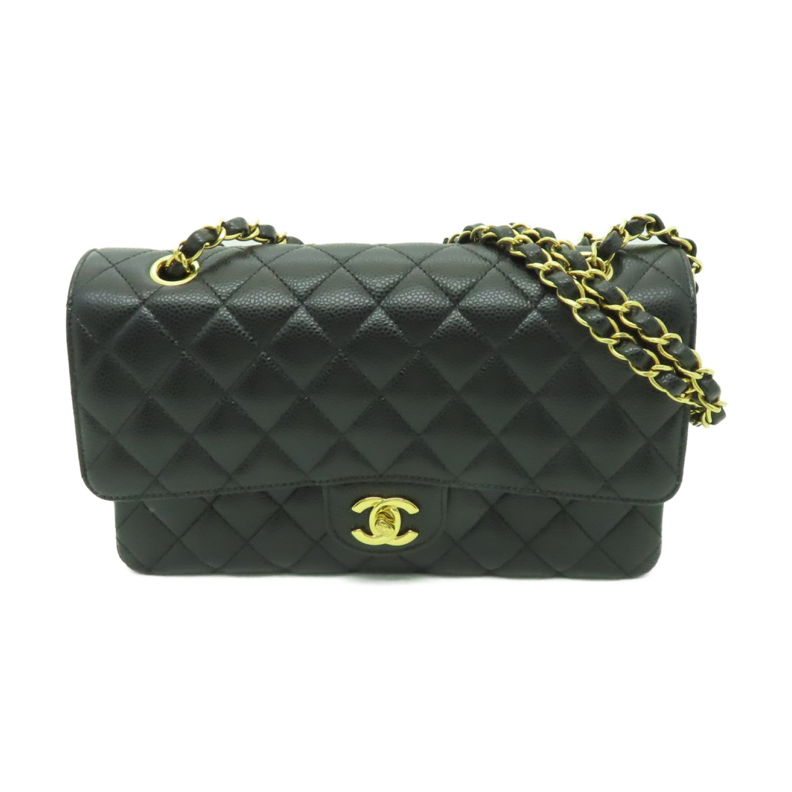 CHANEL 菱格Caviar皮革Classic Flap 25金扣鏈帶肩背袋黒色
