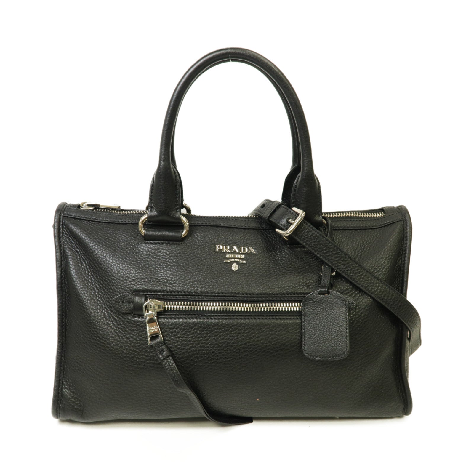 PRADA 牛皮皮革Vitello Daino Zip銀扣手挽肩背兩用袋黑色