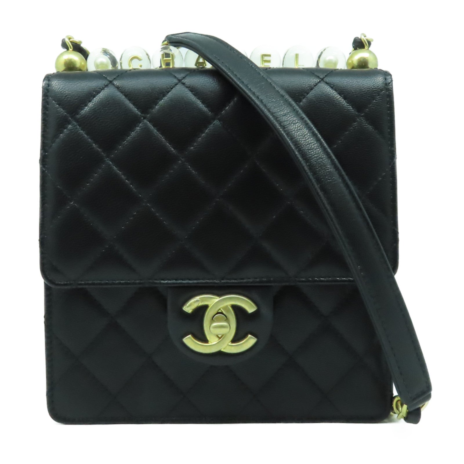 CHANEL 菱格牛皮皮革Chain Shoulder Bag金扣鏈帶肩背袋黑色