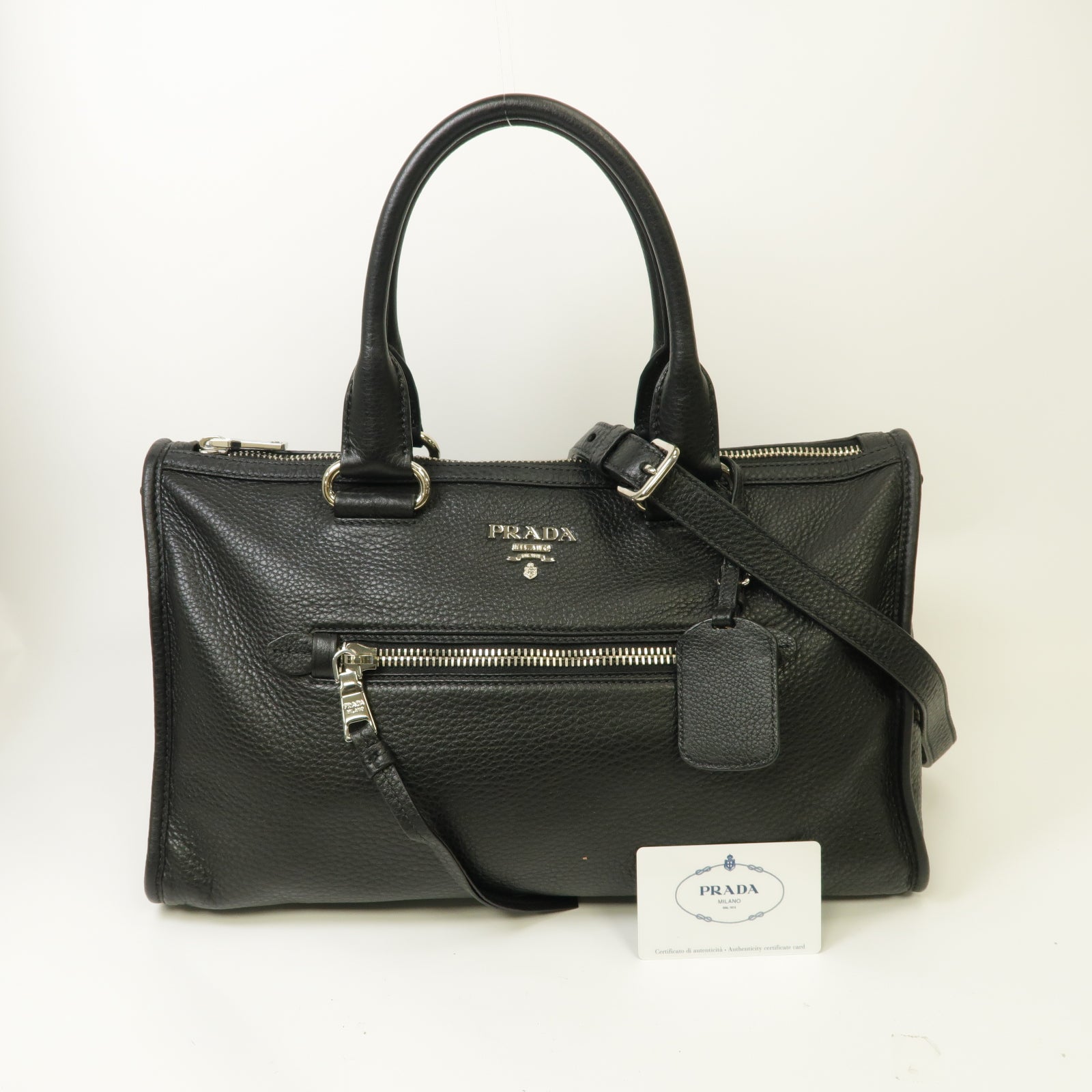 PRADA 牛皮皮革Vitello Daino Zip銀扣手挽肩背兩用袋黑色