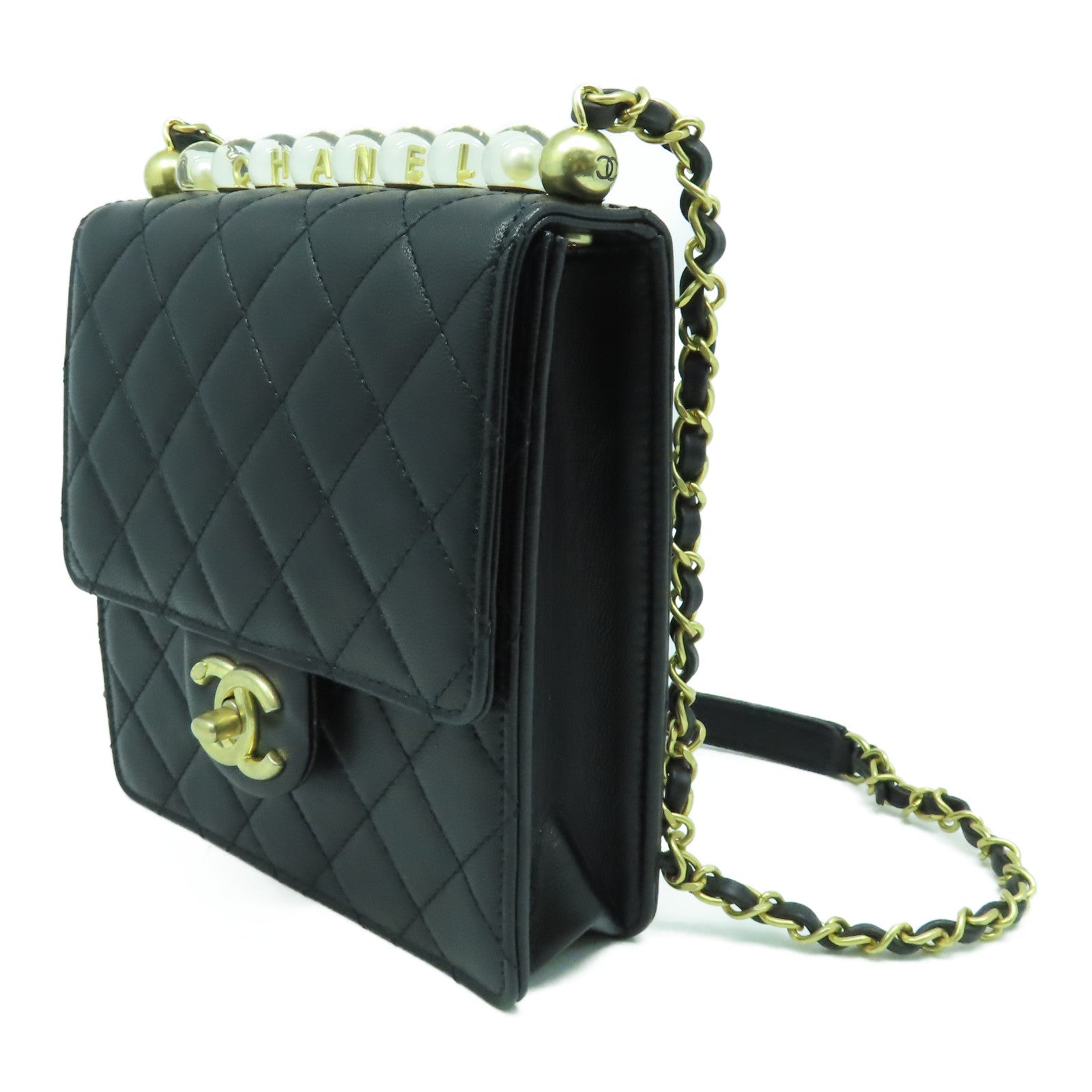 CHANEL 菱格牛皮皮革Chain Shoulder Bag金扣鏈帶肩背袋黑色