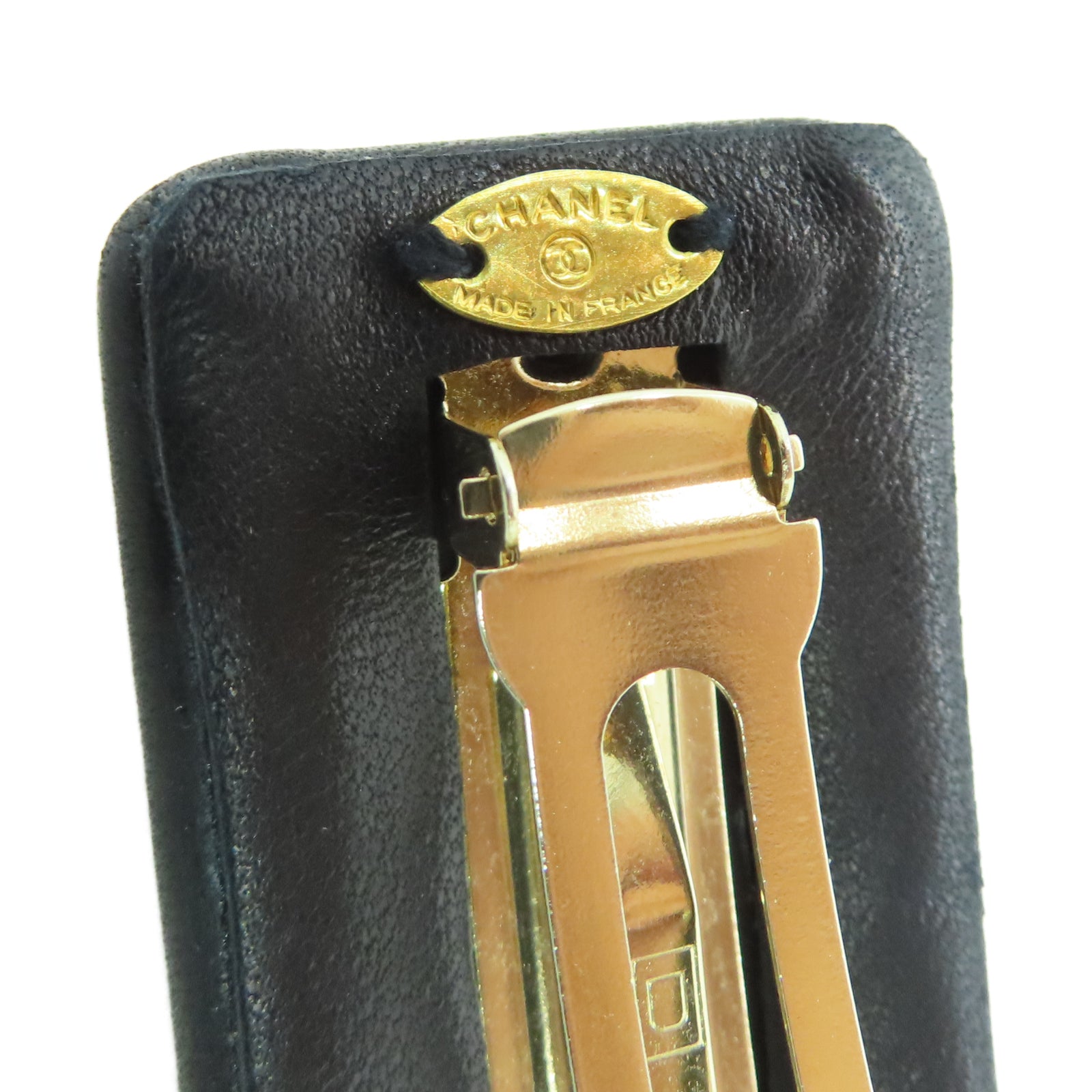 CHANEL 羊皮皮革Hair Clip金扣发夹黑色