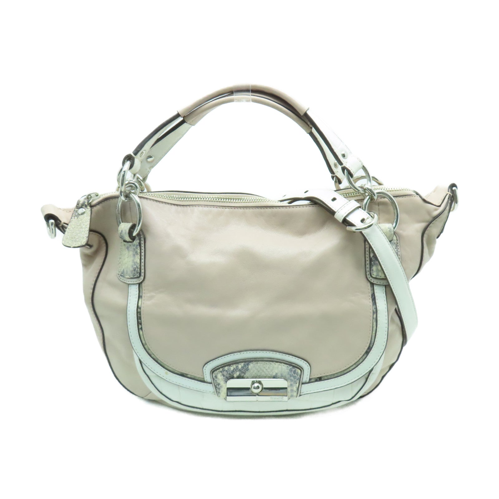 COACH 【激減優惠】牛皮皮革2 Way Shoulder銀扣手挽肩背兩用袋米色