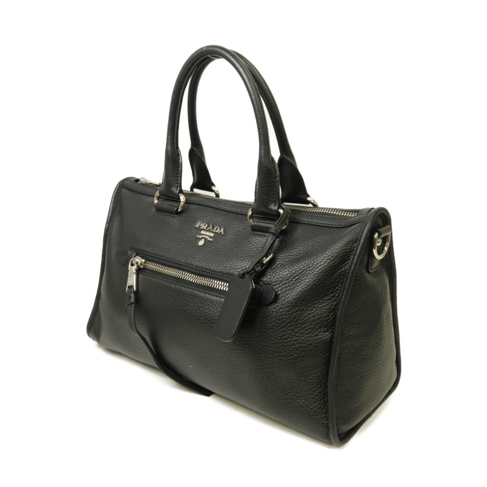 PRADA 牛皮皮革Vitello Daino Zip銀扣手挽肩背兩用袋黑色