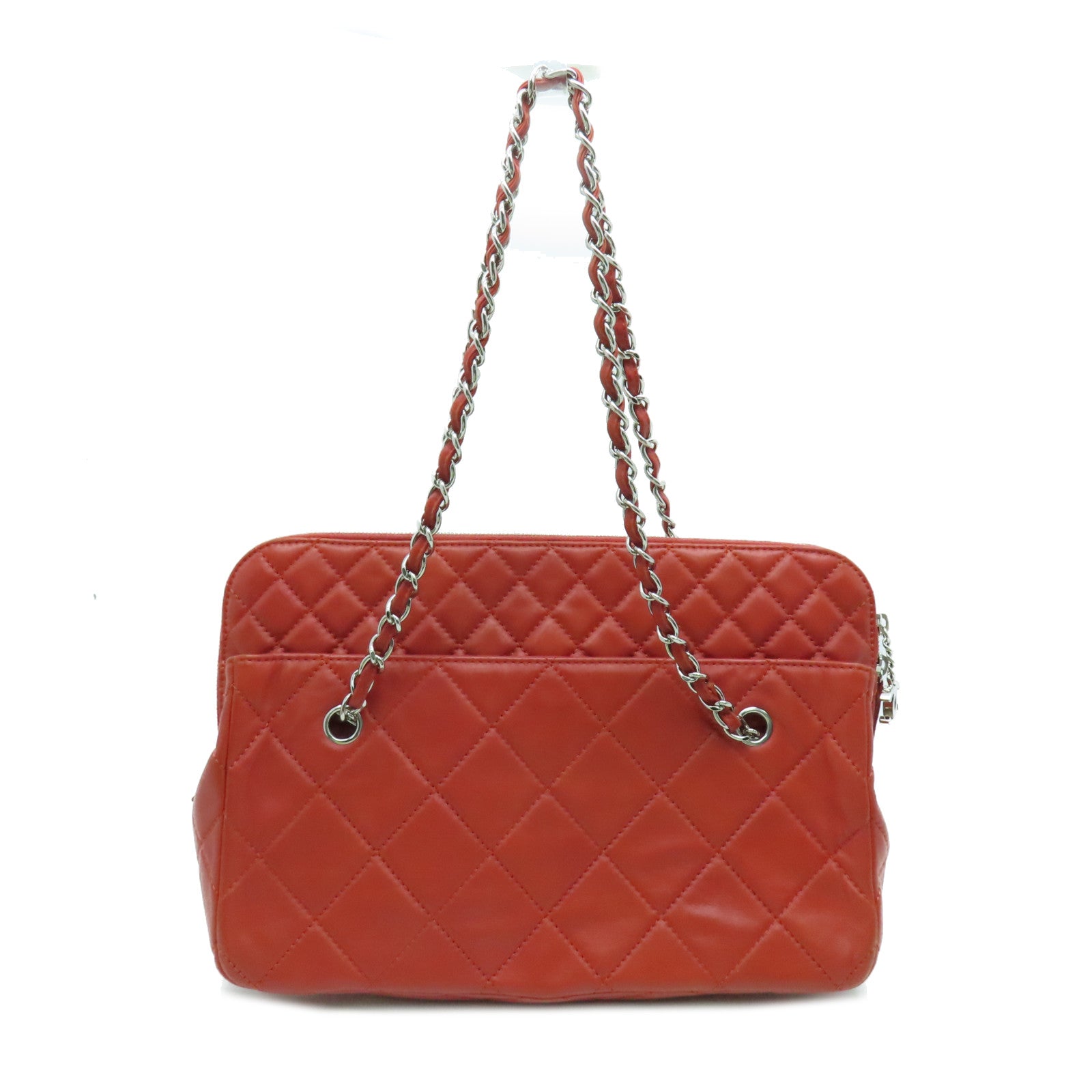 CHANEL 菱格牛皮皮革Chain Shoulder Bag銀扣鏈帶肩背袋紅色