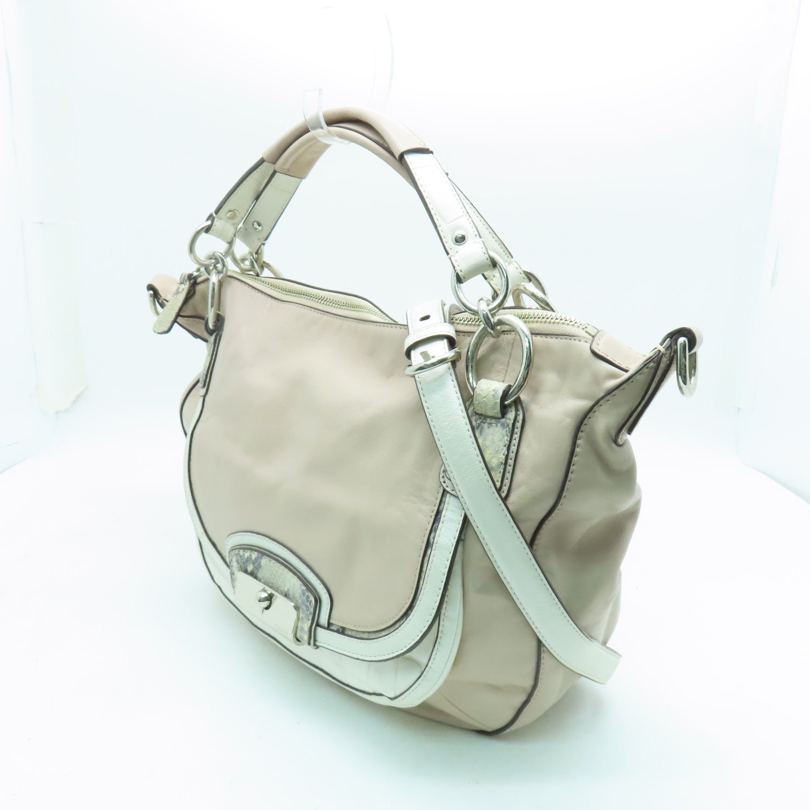 COACH 【激減優惠】牛皮皮革2 Way Shoulder銀扣手挽肩背兩用袋米色