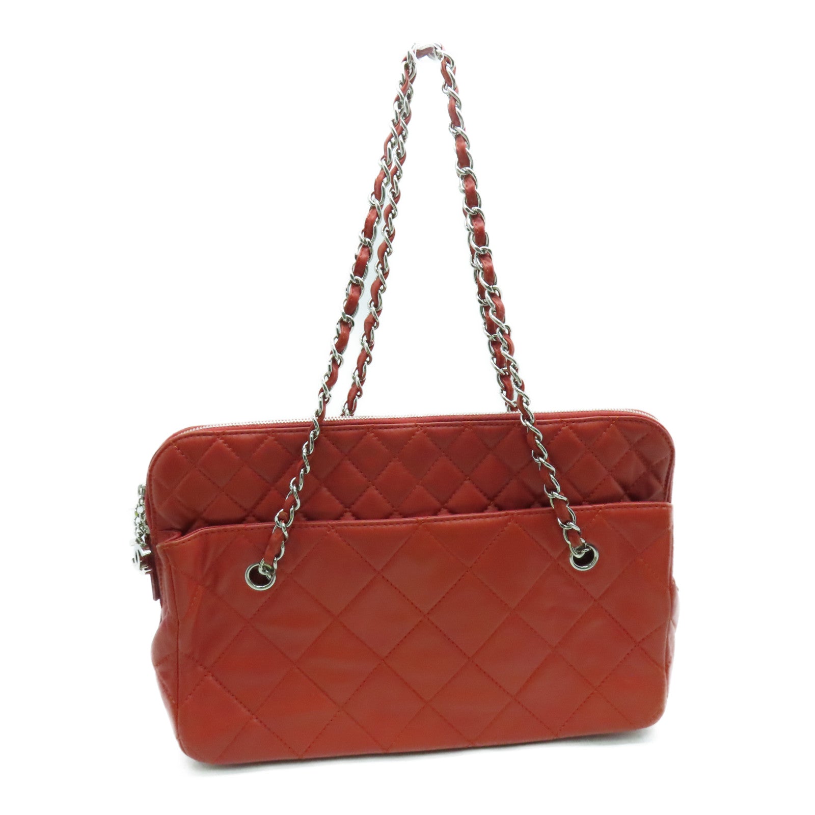 CHANEL 菱格牛皮皮革Chain Shoulder Bag銀扣鏈帶肩背袋紅色