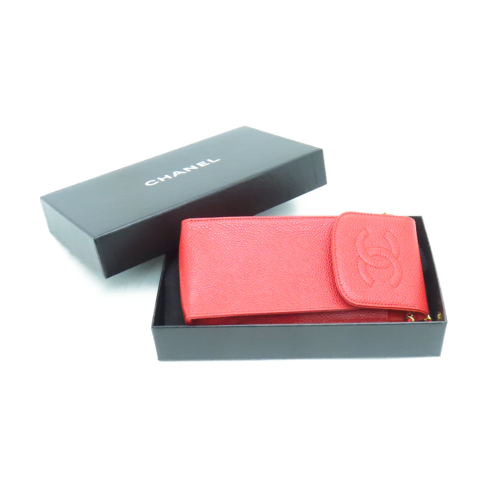 CHANEL 牛皮皮革Phone Case金扣链带电话套红色