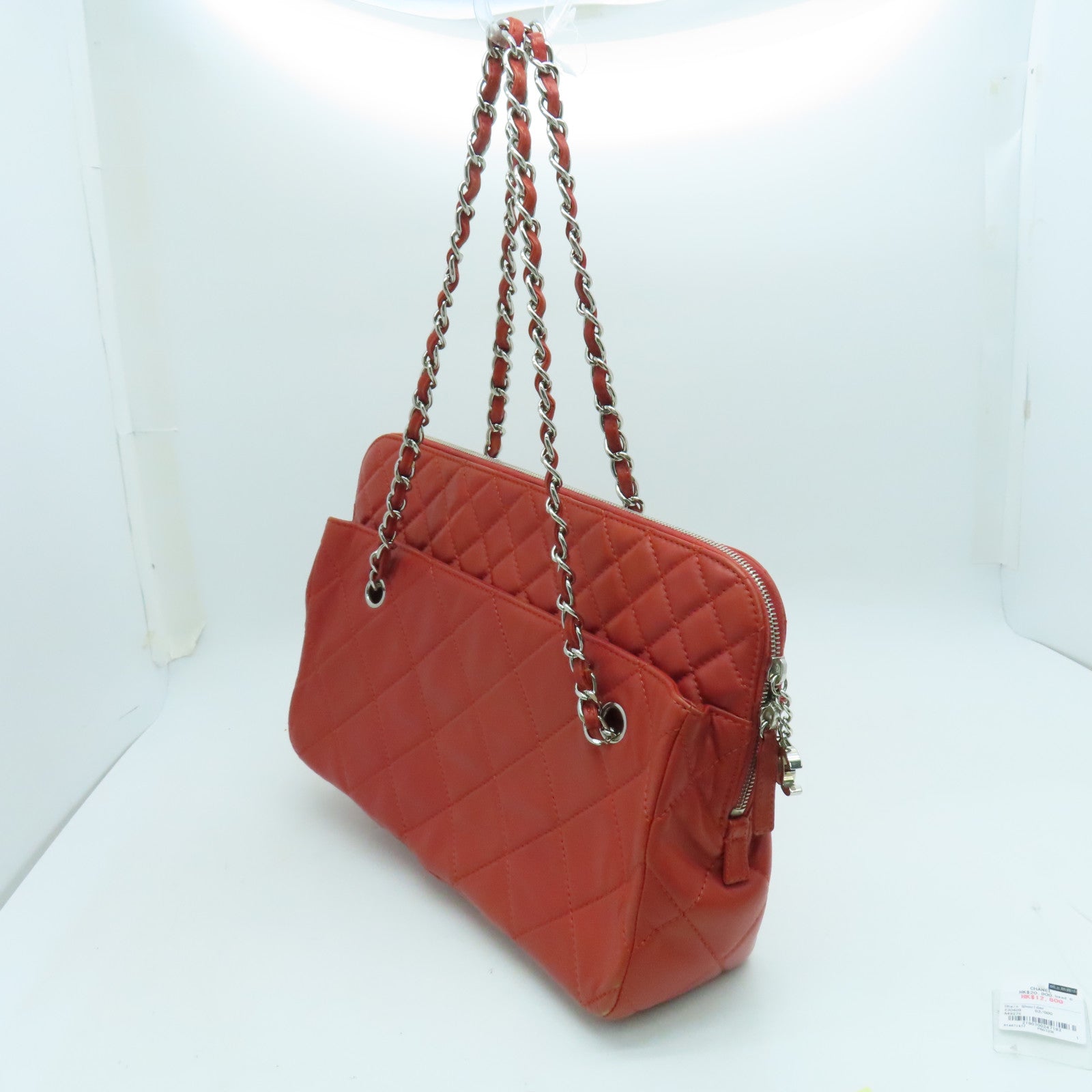CHANEL 菱格牛皮皮革Chain Shoulder Bag銀扣鏈帶肩背袋紅色