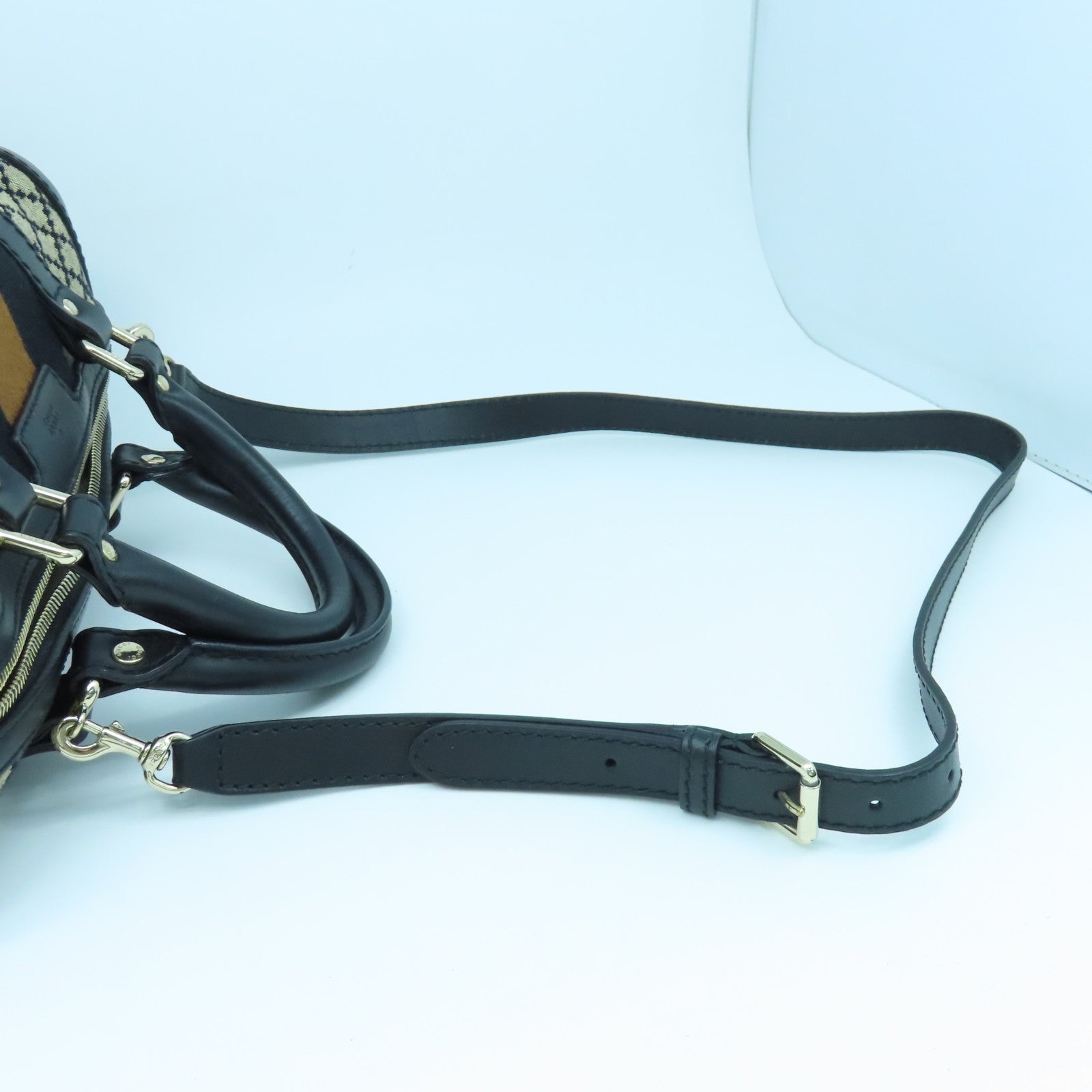 GUCCI Canvas Boston Bag Silver Buckle Handle Shoulder Bag Brown/Black