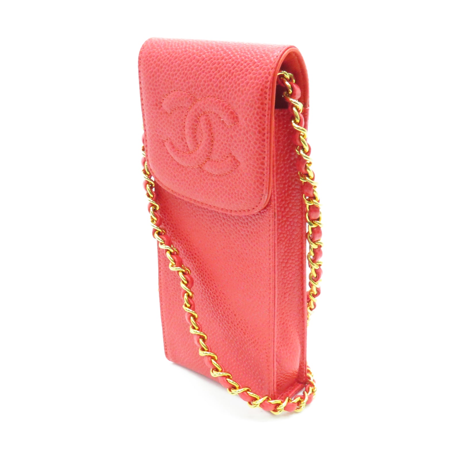 CHANEL Cowhide Leather Phone Case Gold Buckle Chain Belt Phone Cover Red
