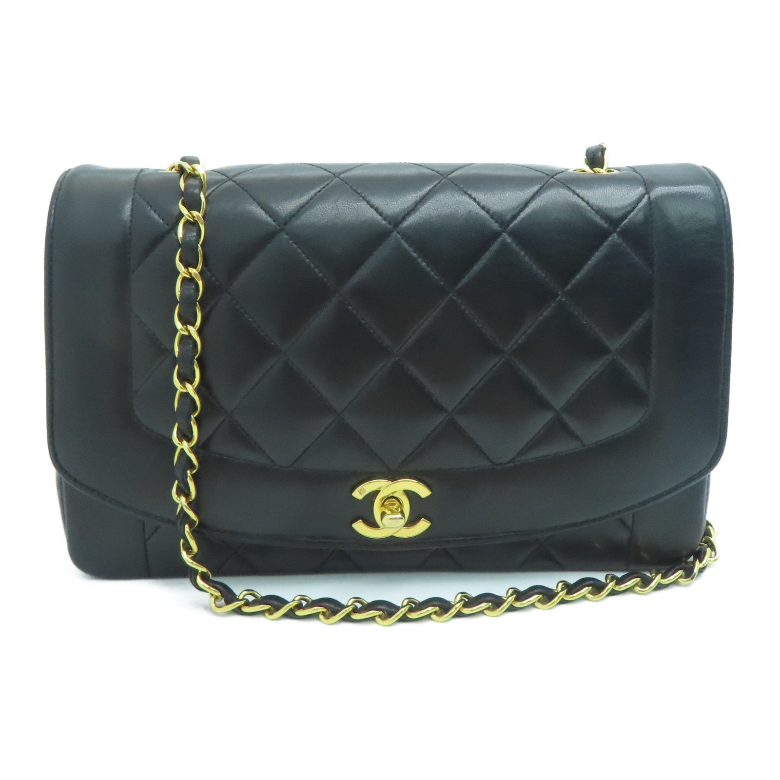CHANEL 菱格羊皮皮革Diana Chain Shoulder金扣鏈帶肩背袋黑色