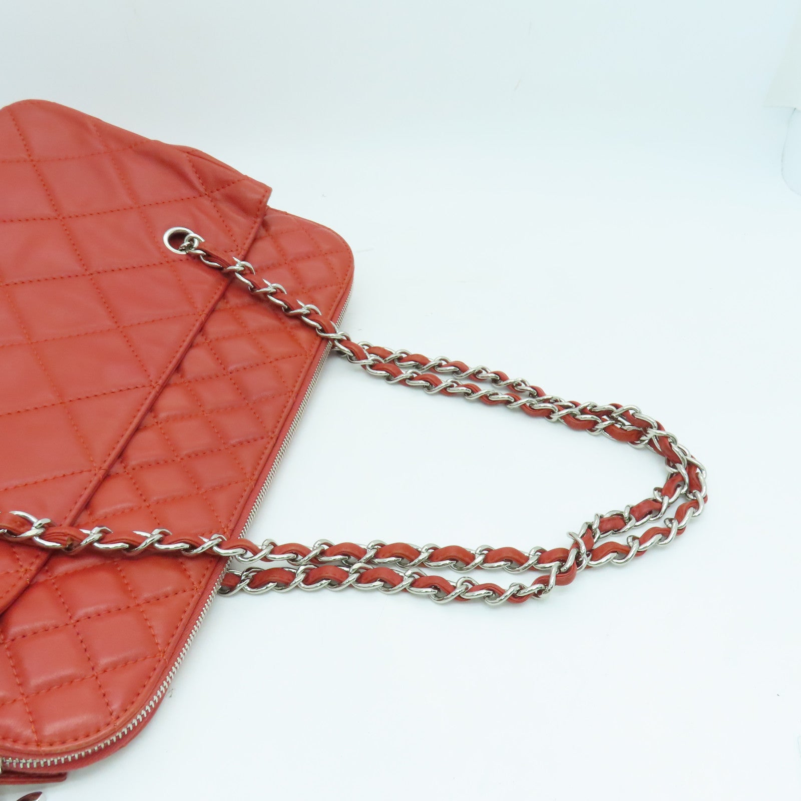 CHANEL 菱格牛皮皮革Chain Shoulder Bag銀扣鏈帶肩背袋紅色