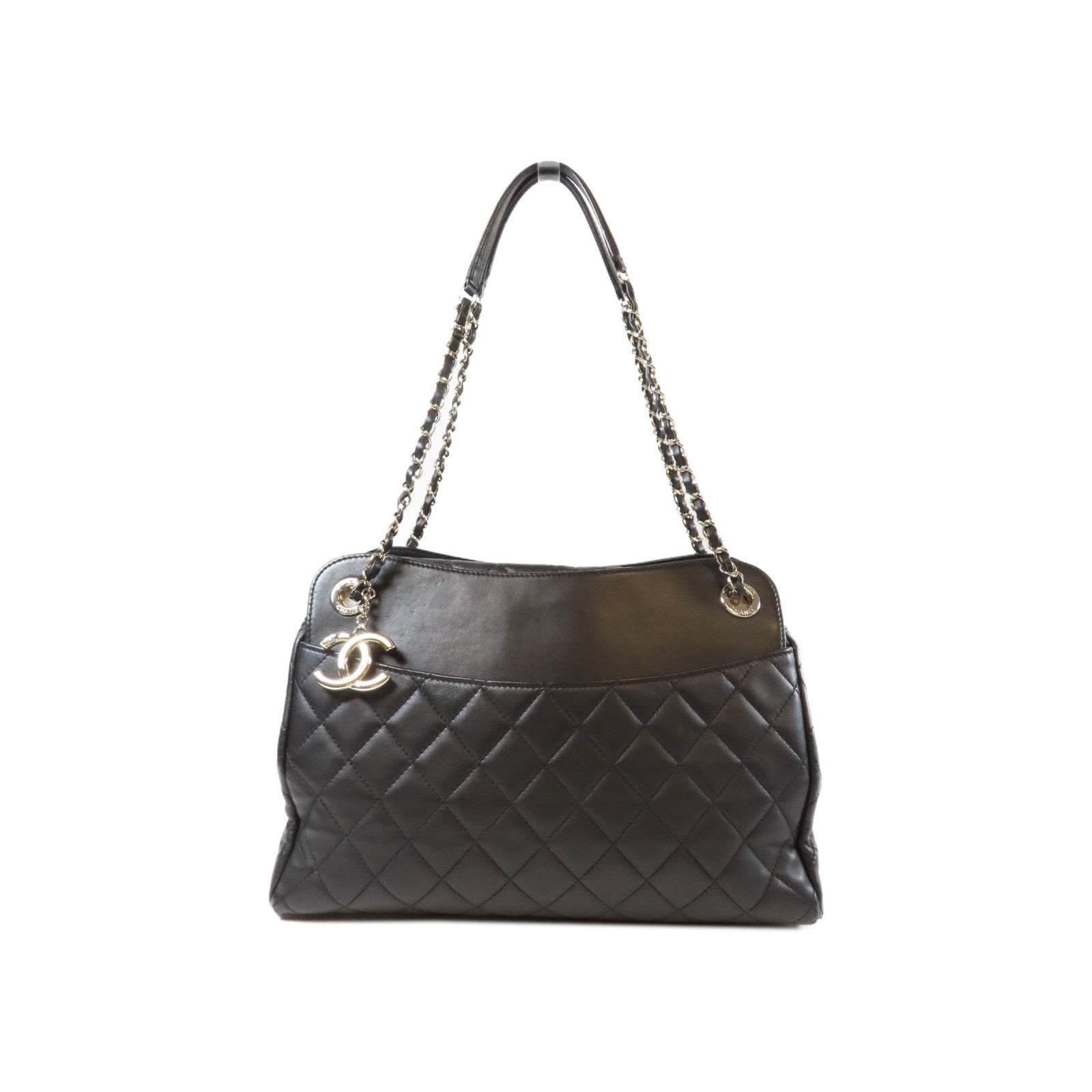 CHANEL 菱格羊皮皮革Chain Shoulder銀扣鏈帶肩背袋黑色