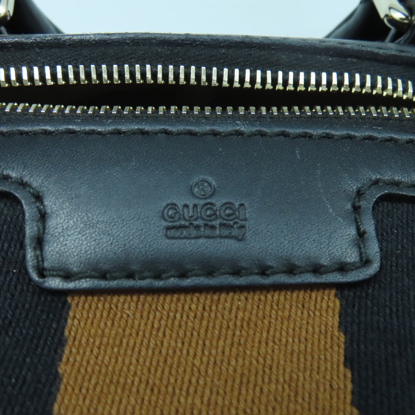 GUCCI Canvas Boston Bag Silver Buckle Handle Shoulder Bag Brown/Black