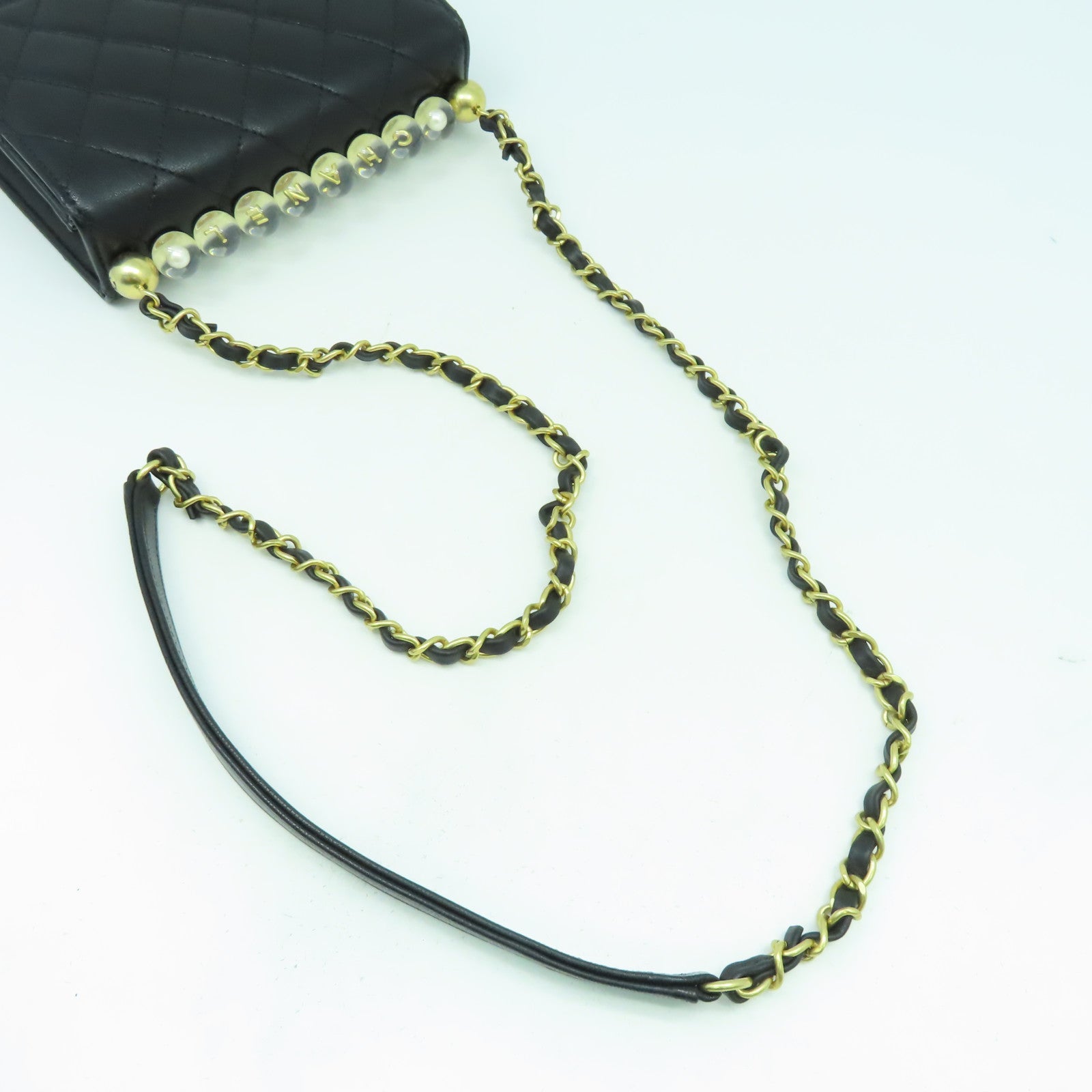 CHANEL 菱格牛皮皮革Chain Shoulder Bag金扣鏈帶肩背袋黑色
