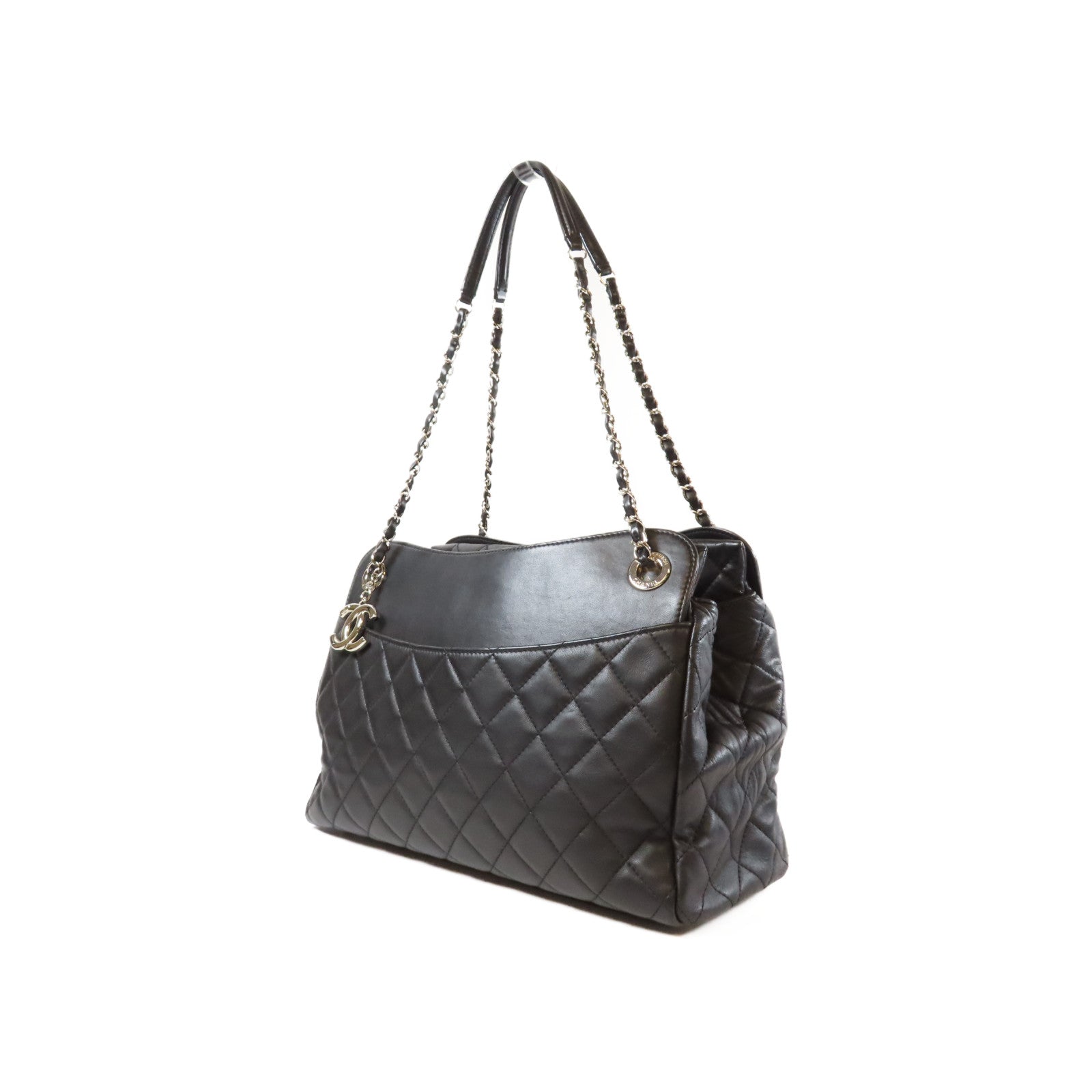 CHANEL 菱格羊皮皮革Chain Shoulder銀扣鏈帶肩背袋黑色