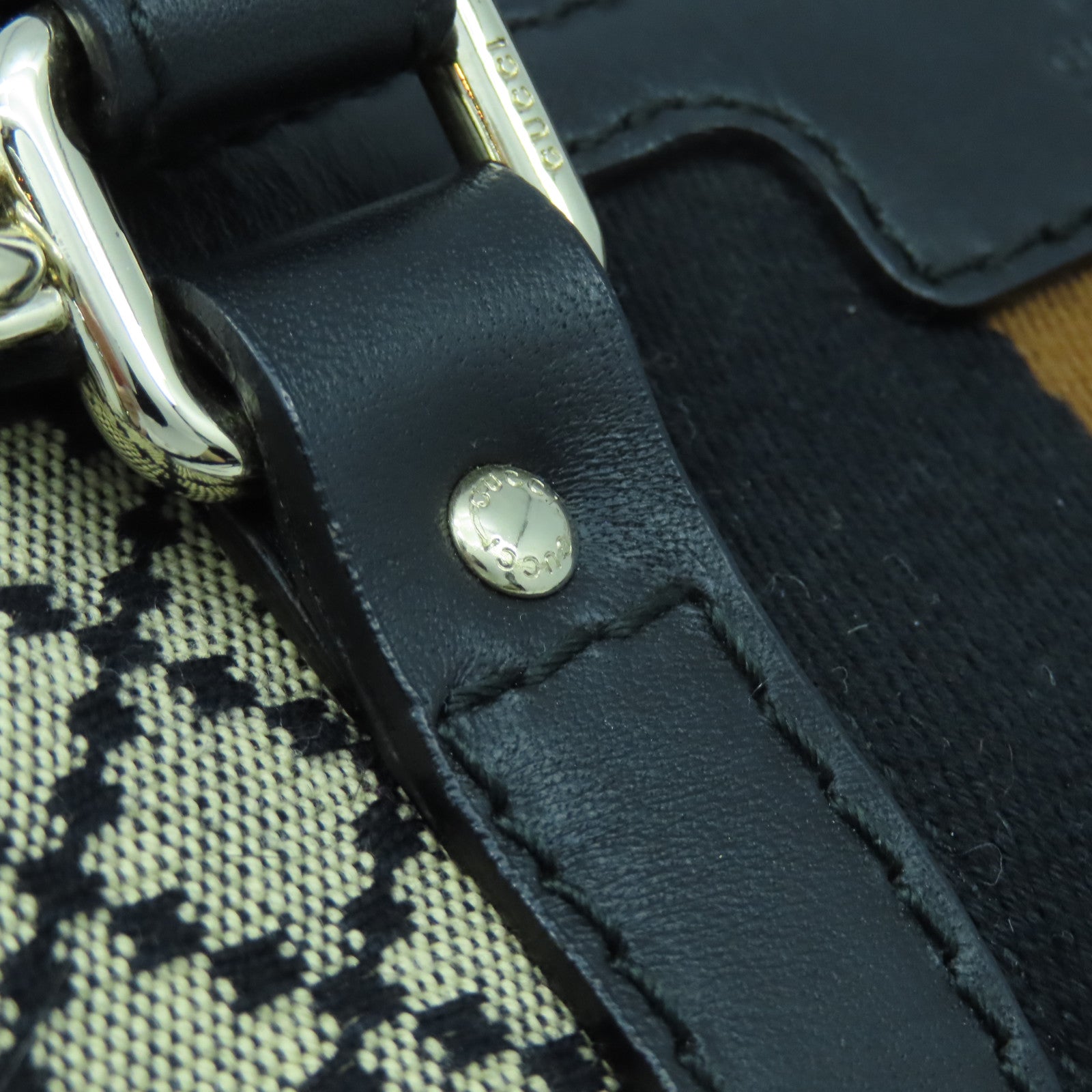 GUCCI Canvas Boston Bag Silver Buckle Handle Shoulder Bag Brown/Black