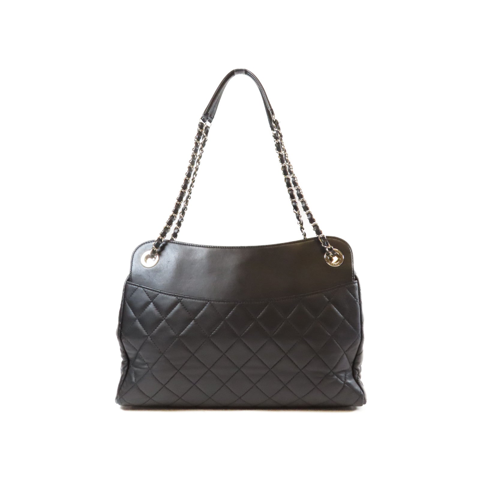 CHANEL 菱格羊皮皮革Chain Shoulder銀扣鏈帶肩背袋黑色