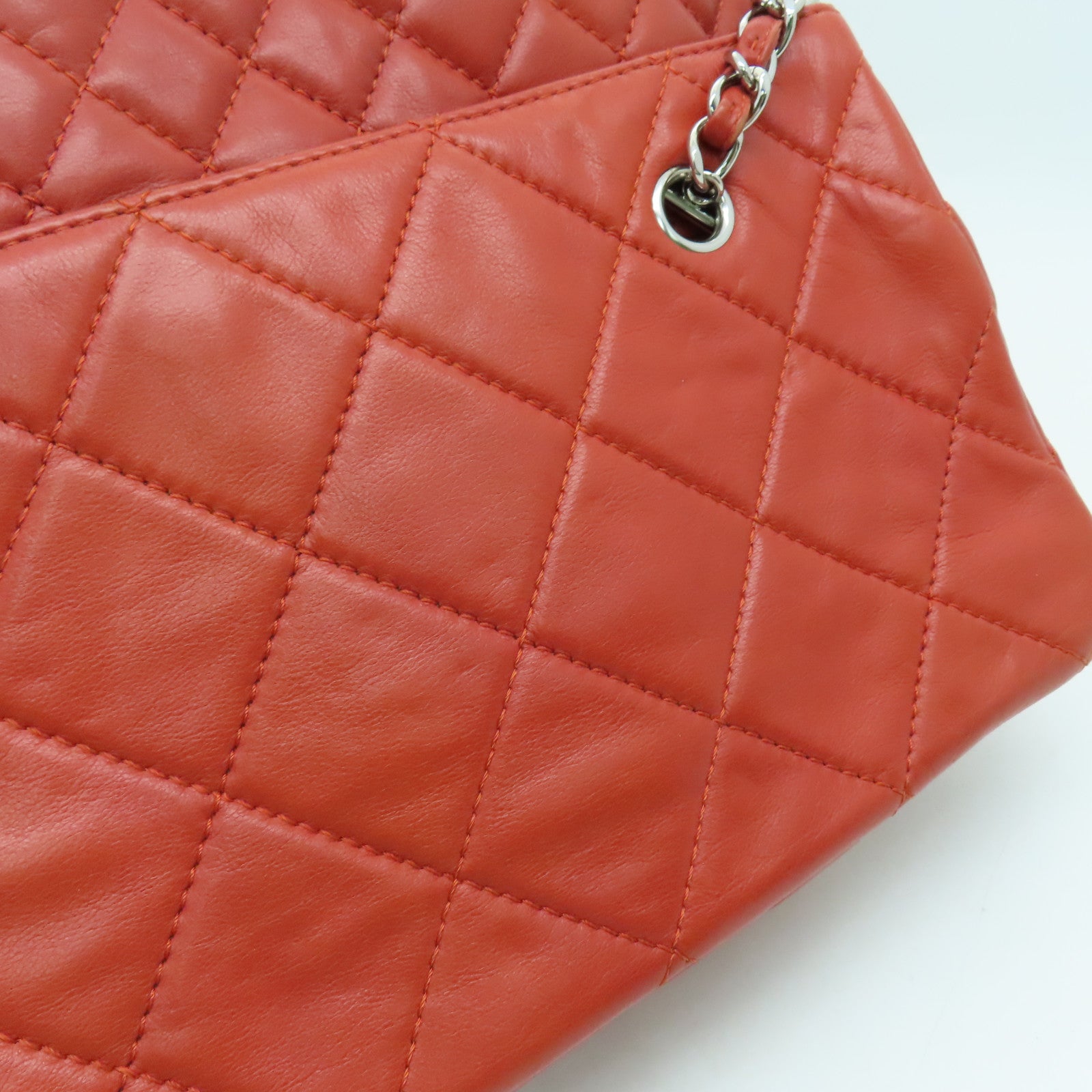 CHANEL 菱格牛皮皮革Chain Shoulder Bag銀扣鏈帶肩背袋紅色