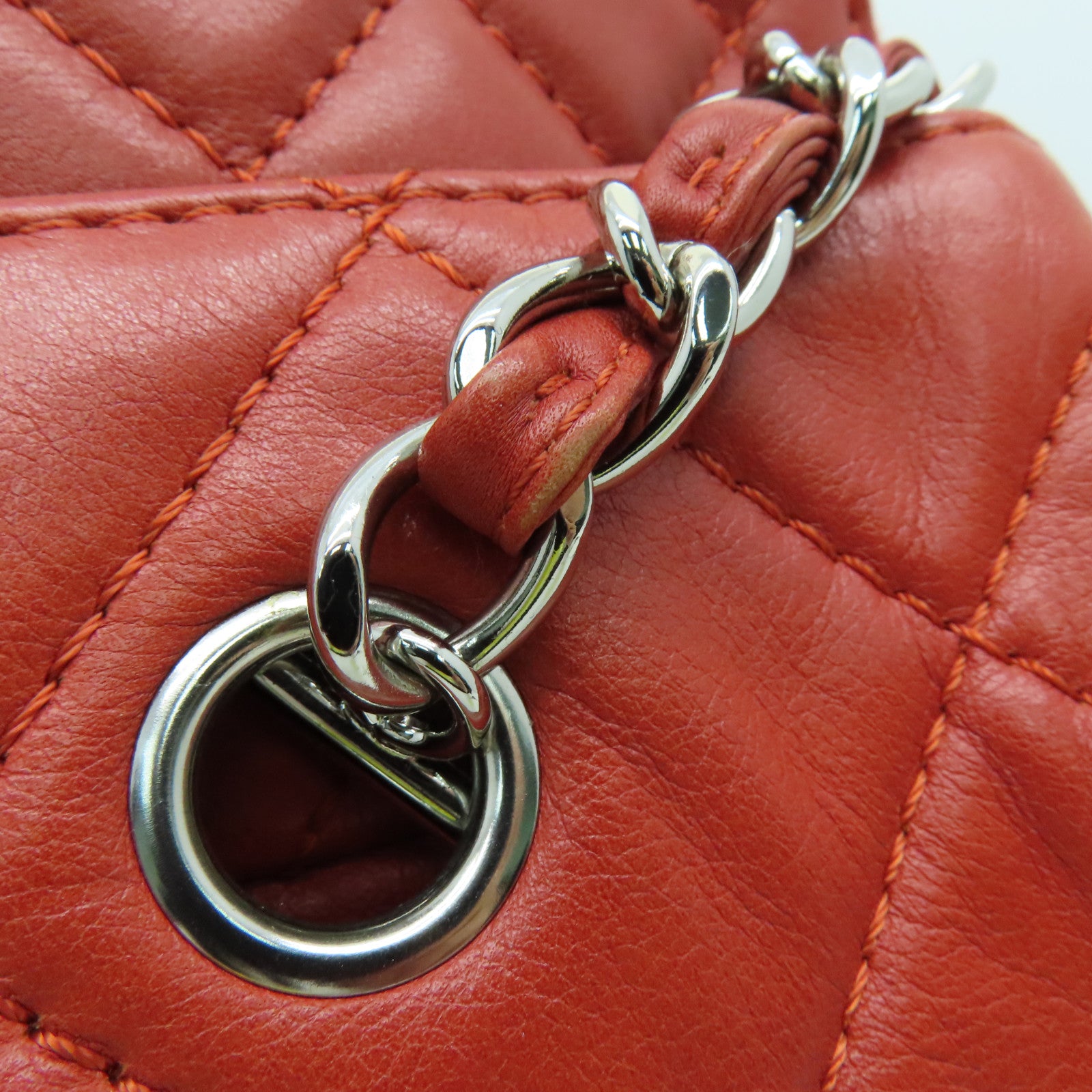 CHANEL 菱格牛皮皮革Chain Shoulder Bag銀扣鏈帶肩背袋紅色