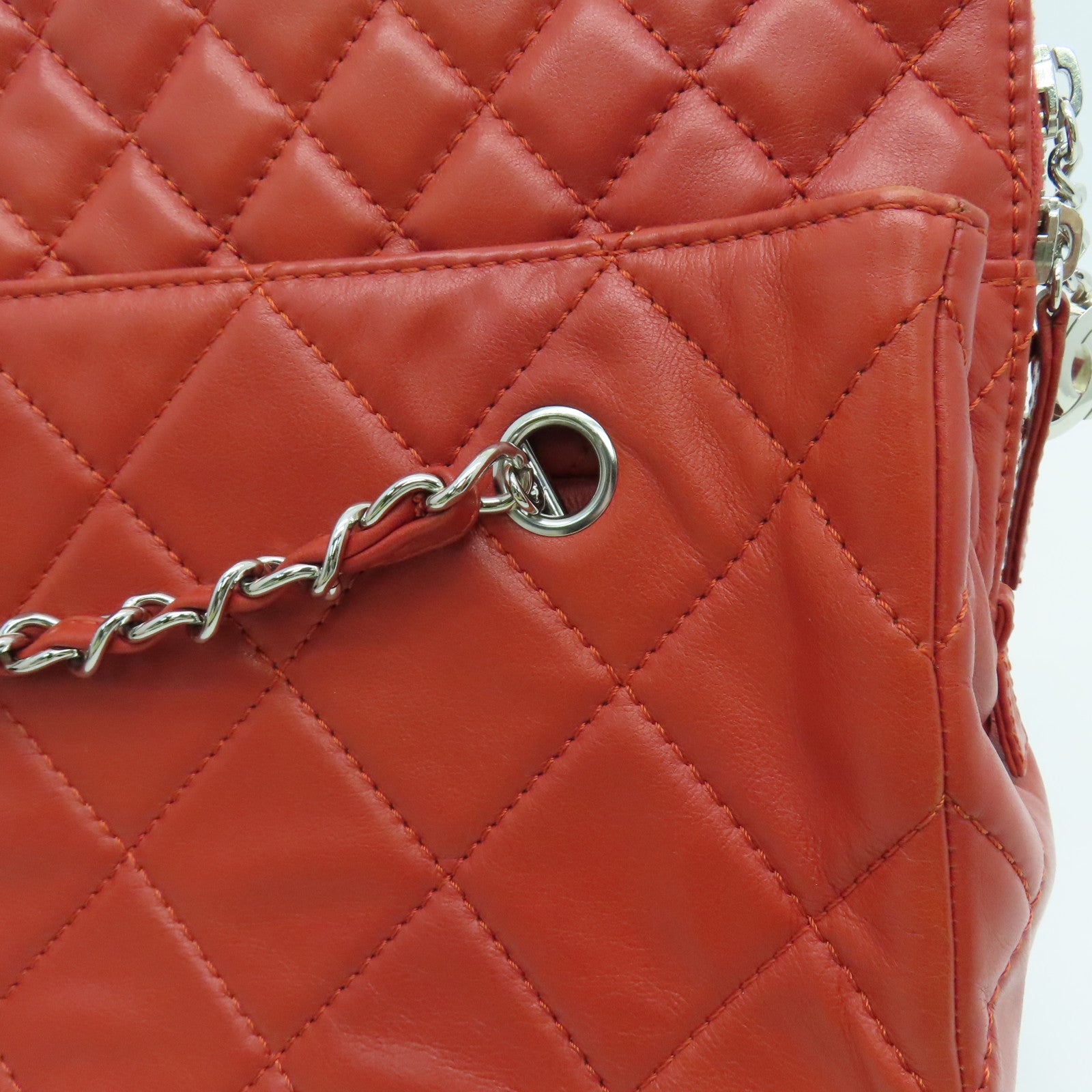 CHANEL 菱格牛皮皮革Chain Shoulder Bag銀扣鏈帶肩背袋紅色