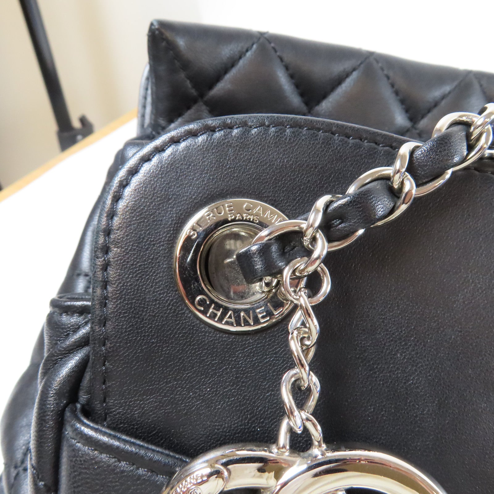 CHANEL 菱格羊皮皮革Chain Shoulder銀扣鏈帶肩背袋黑色