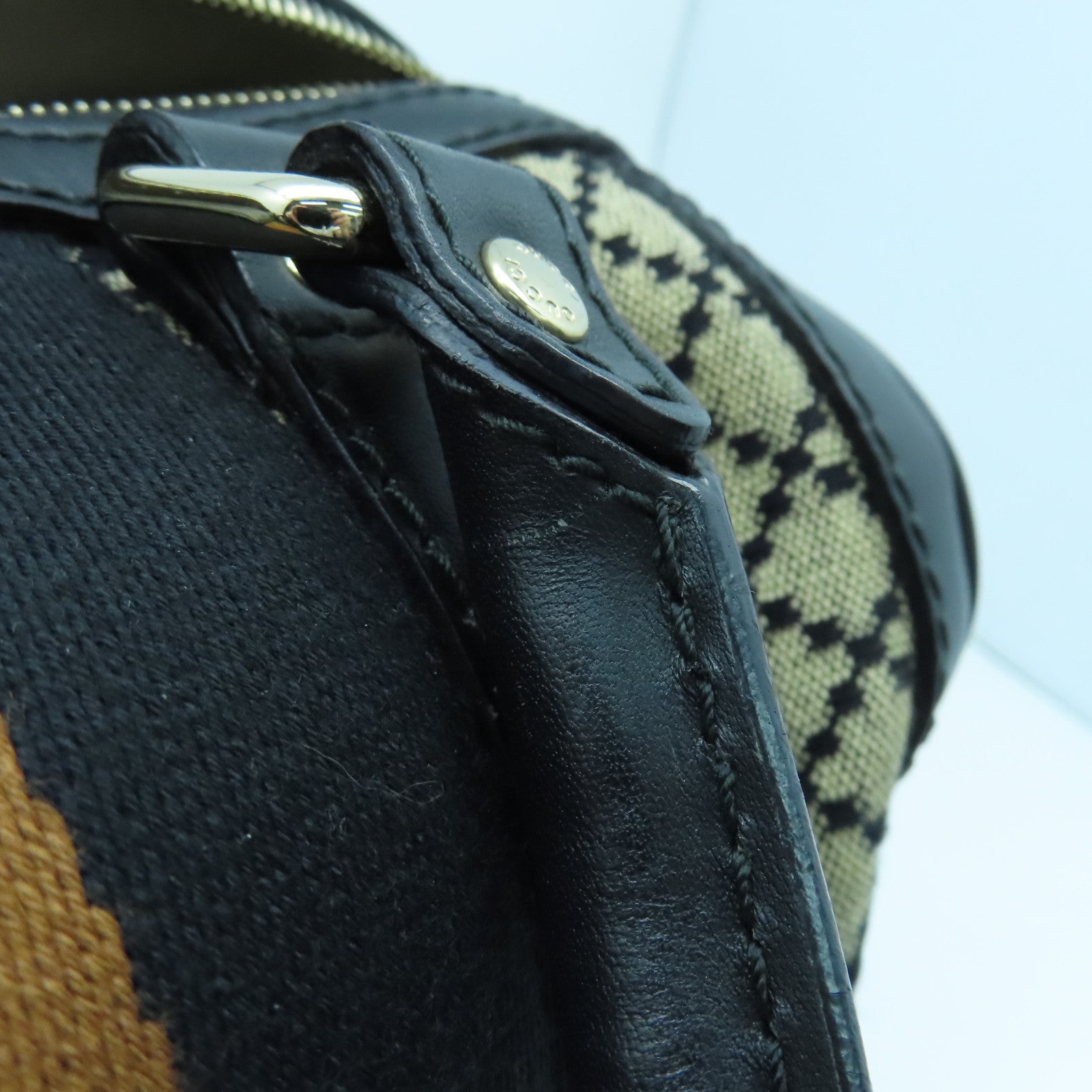 GUCCI Canvas Boston Bag Silver Buckle Handle Shoulder Bag Brown/Black