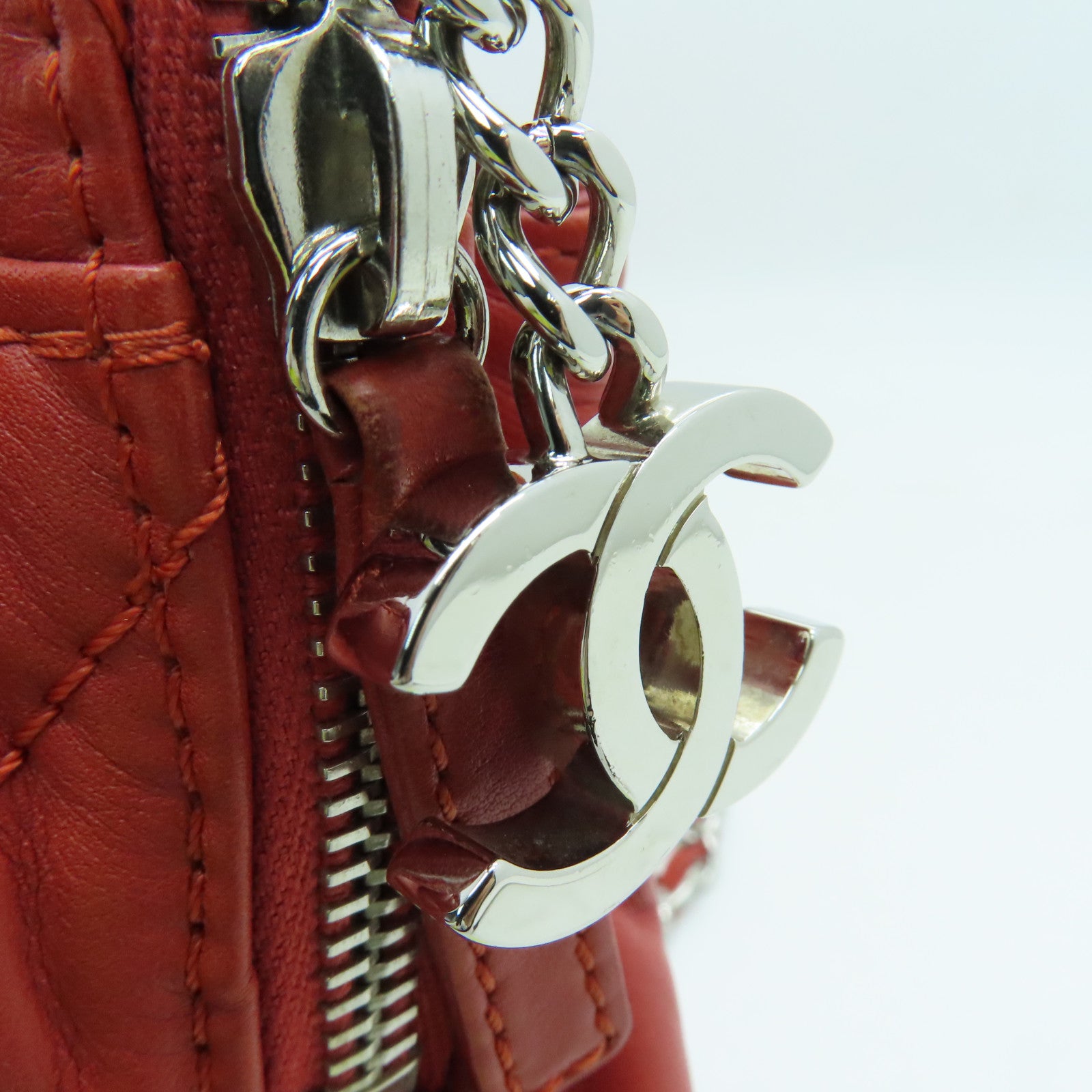 CHANEL 菱格牛皮皮革Chain Shoulder Bag銀扣鏈帶肩背袋紅色