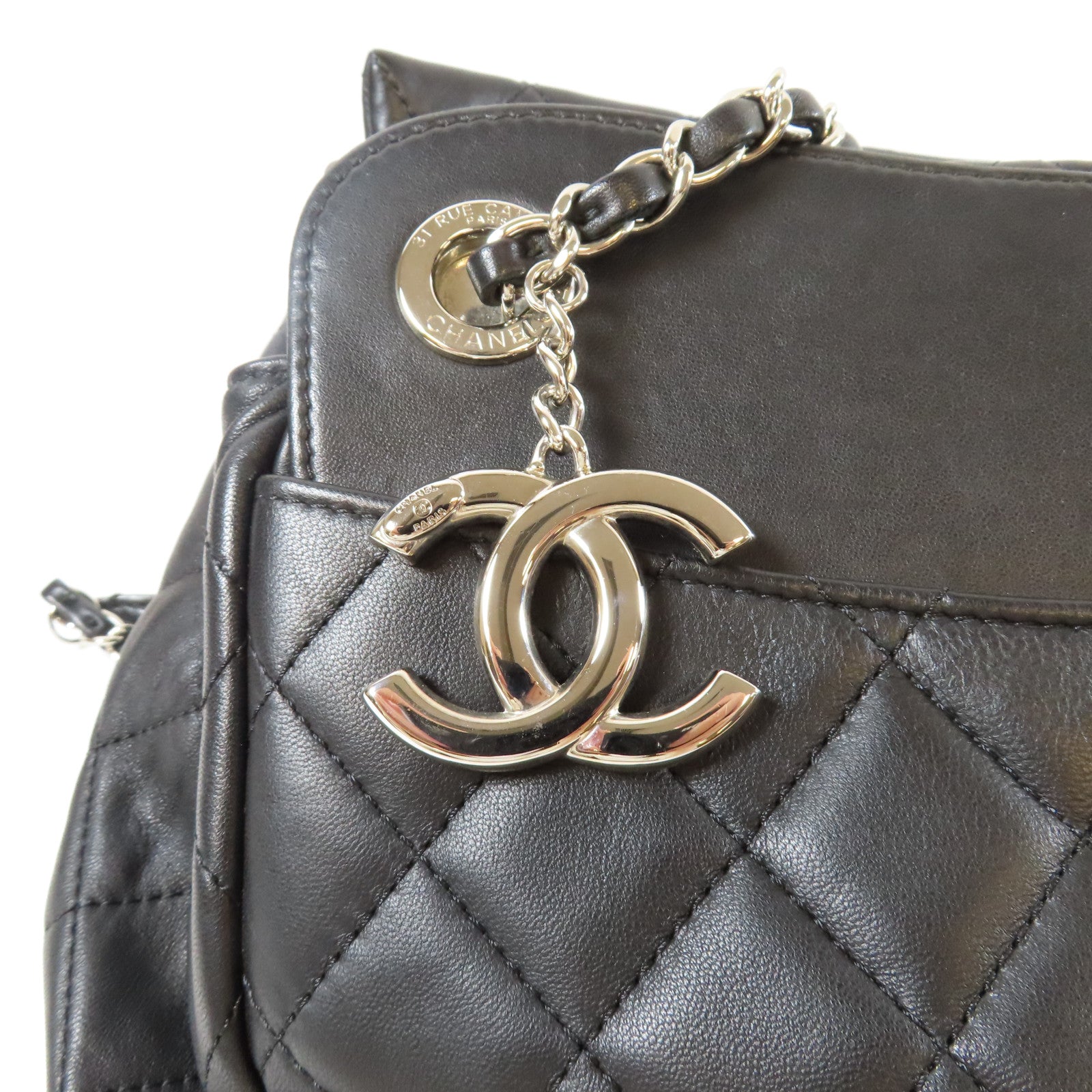 CHANEL 菱格羊皮皮革Chain Shoulder銀扣鏈帶肩背袋黑色