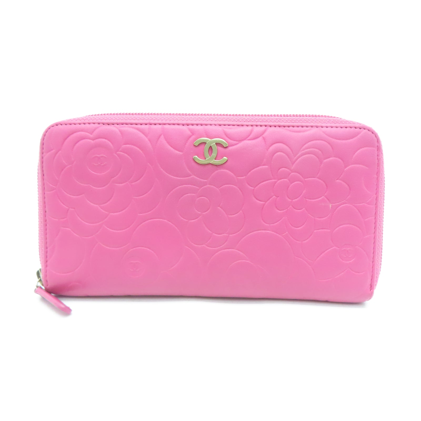 CHANEL Sheepskin Leather Wallet Gold Buckle Long Wallet Pink