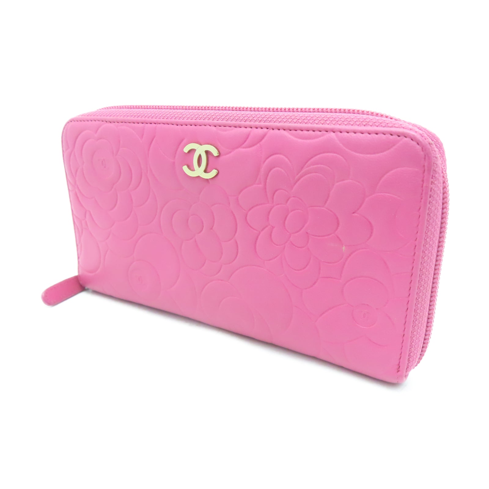 CHANEL Sheepskin Leather Wallet Gold Buckle Long Wallet Pink