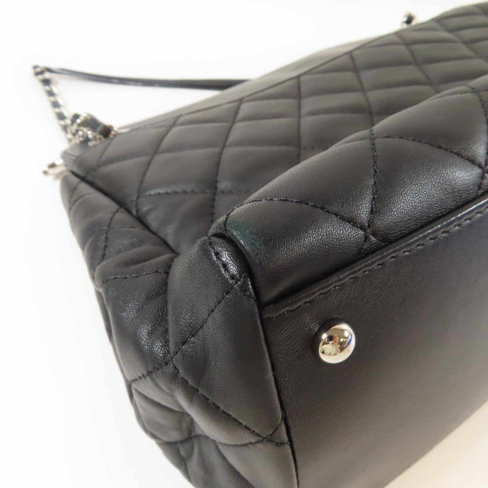 CHANEL 菱格羊皮皮革Chain Shoulder銀扣鏈帶肩背袋黑色