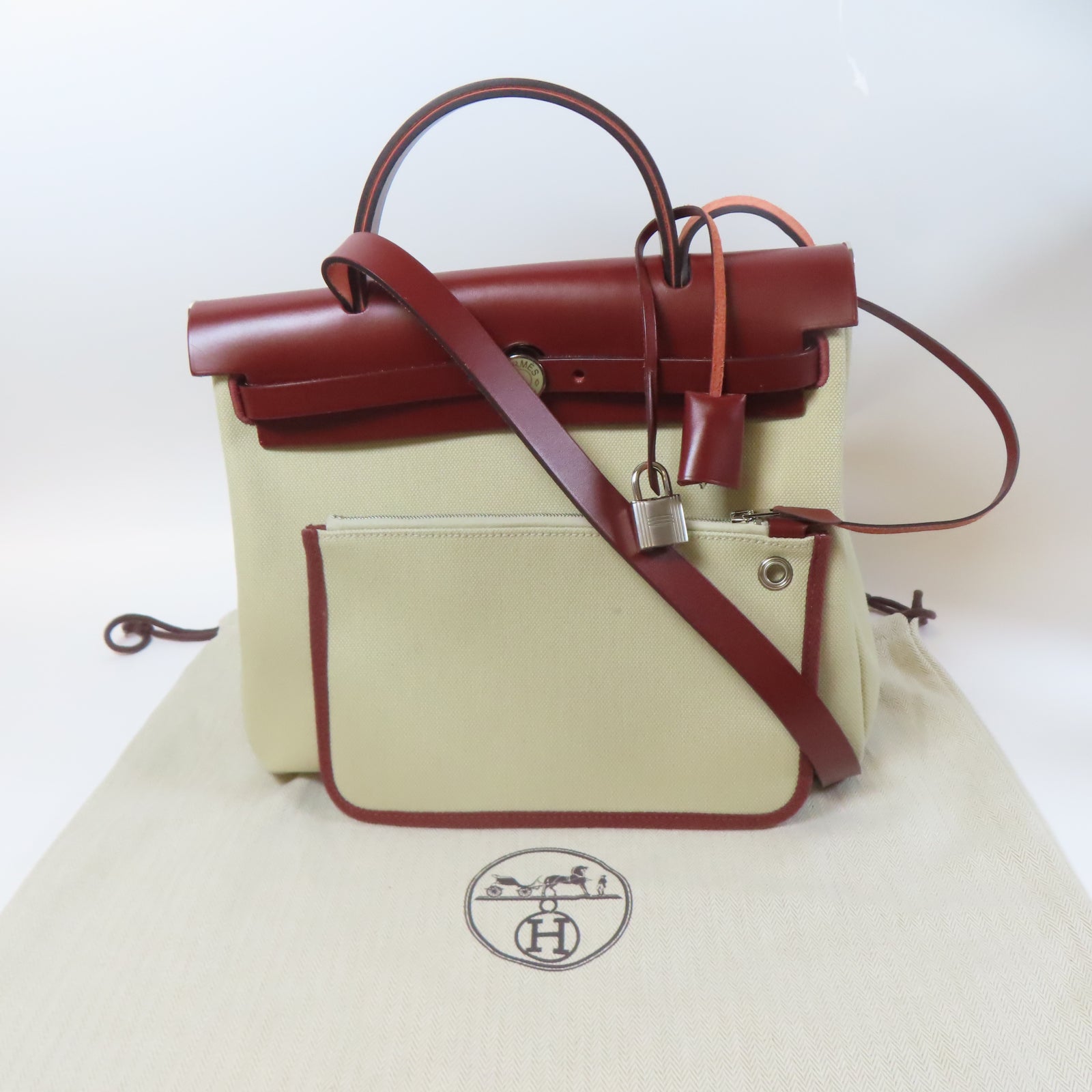 HERMES 帆布Herbag PM銀扣手挽肩背兩用袋奶油白色/紅色