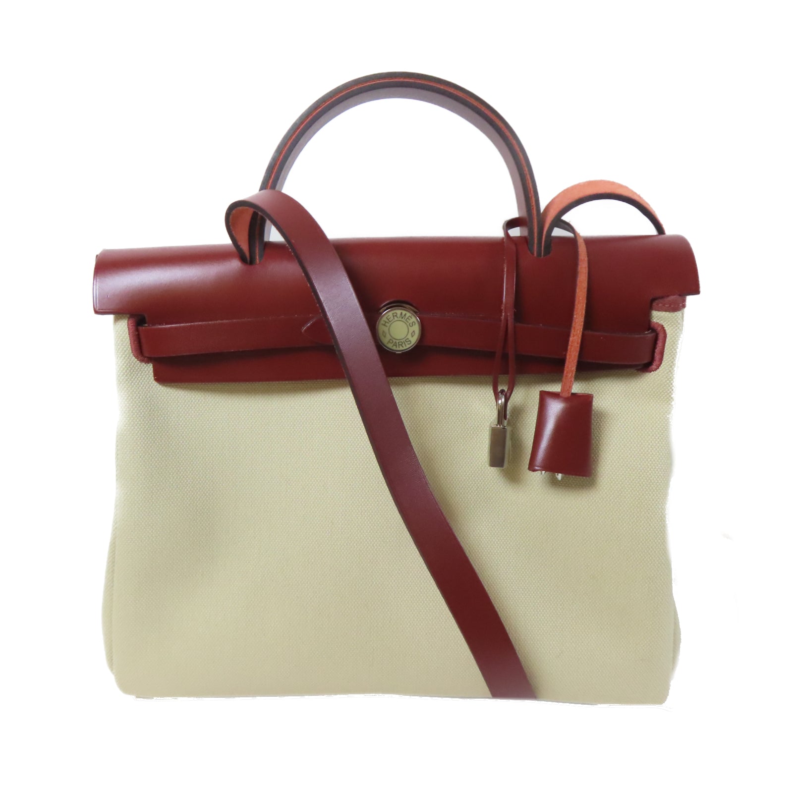 HERMES 帆布Herbag PM銀扣手挽肩背兩用袋奶油白色/紅色