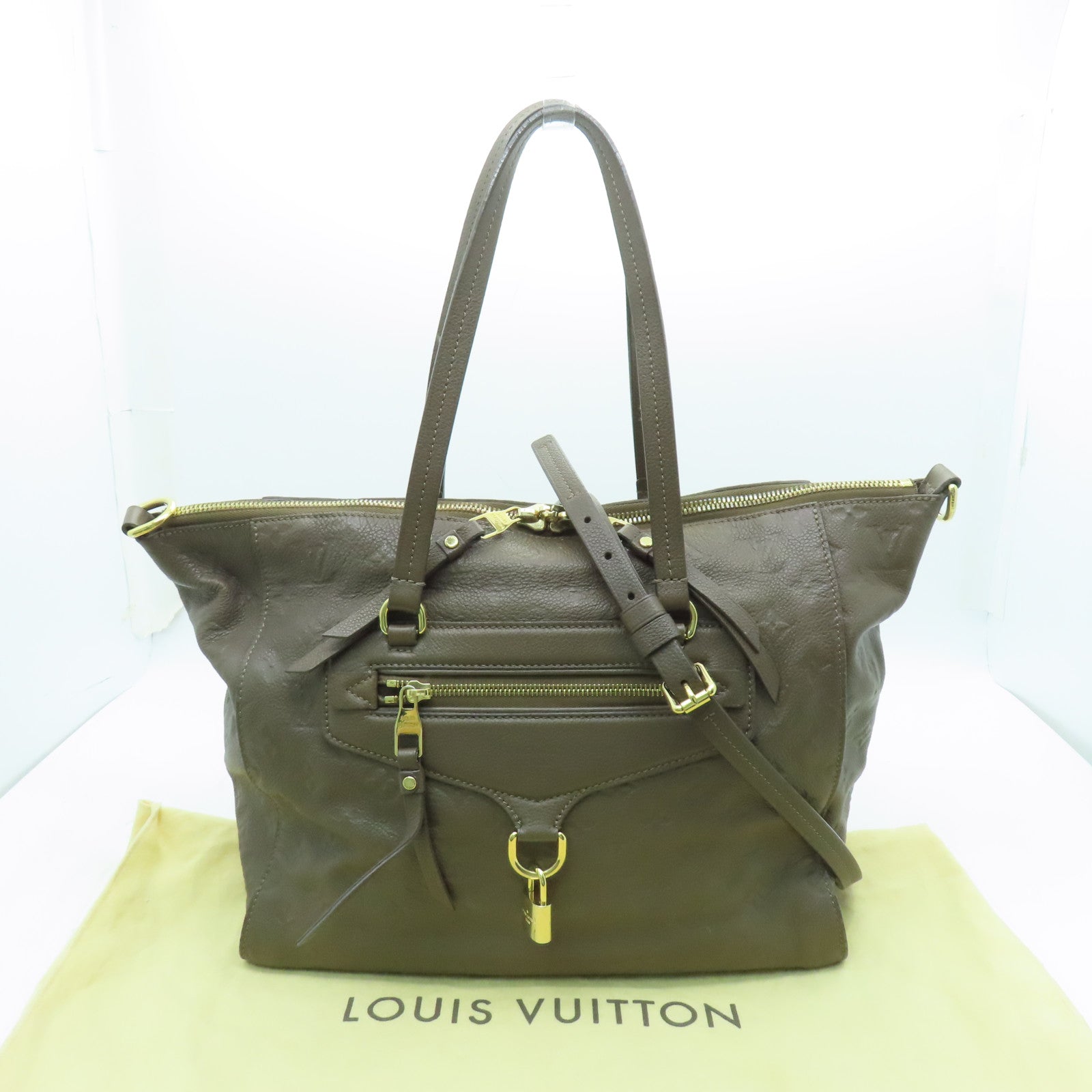 LOUIS VUITTON Monogram Empreinte Lumineuse PM金扣手挽肩背两用袋棕色