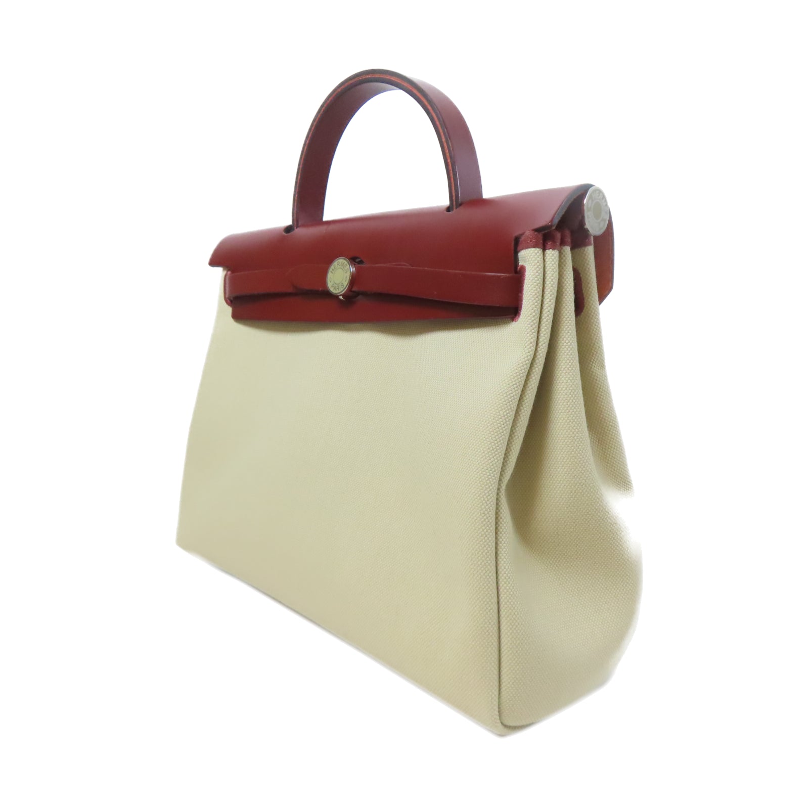 HERMES 帆布Herbag PM銀扣手挽肩背兩用袋奶油白色/紅色
