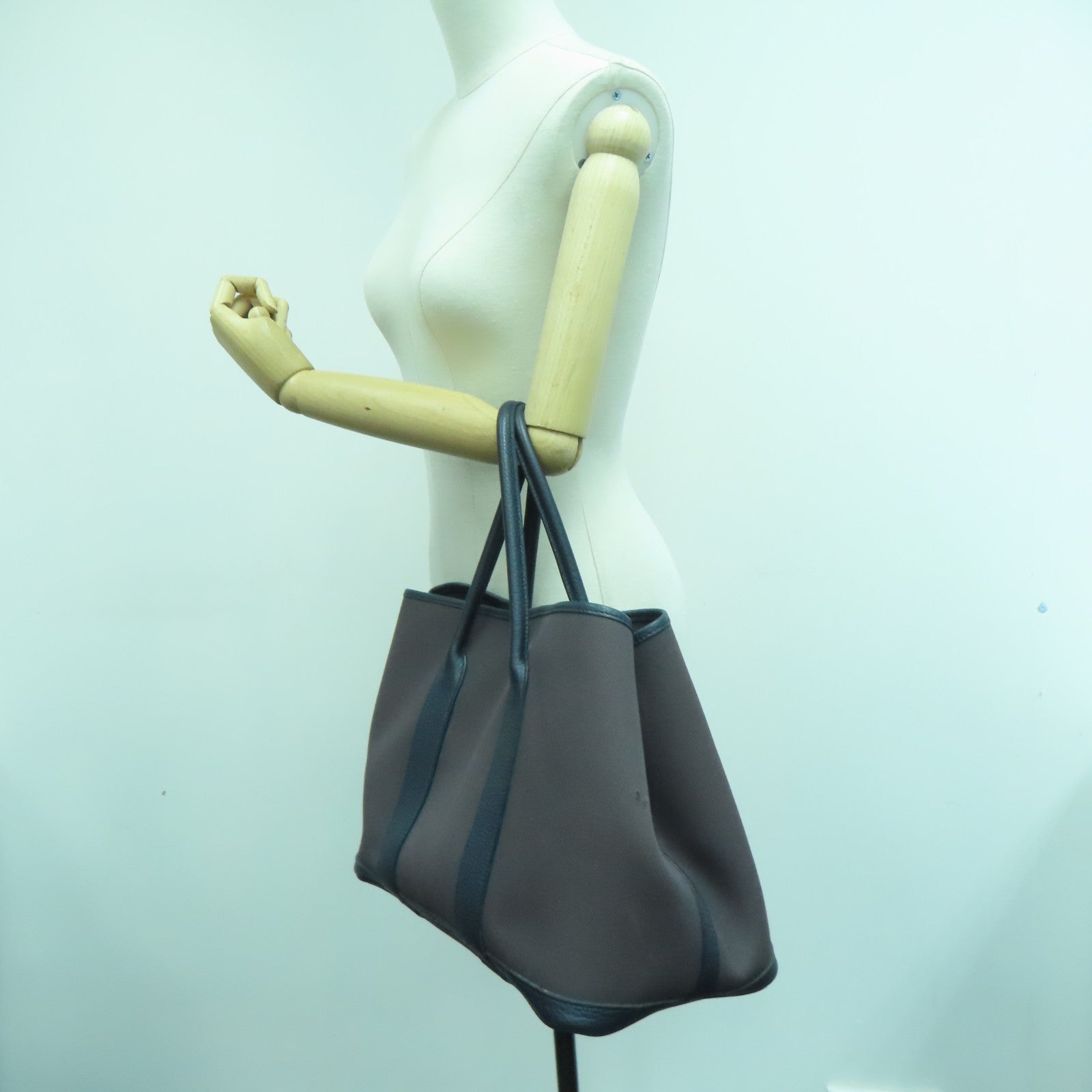 HERMES 帆布GardenParty PM Tote Bag银扣手挽袋啡色