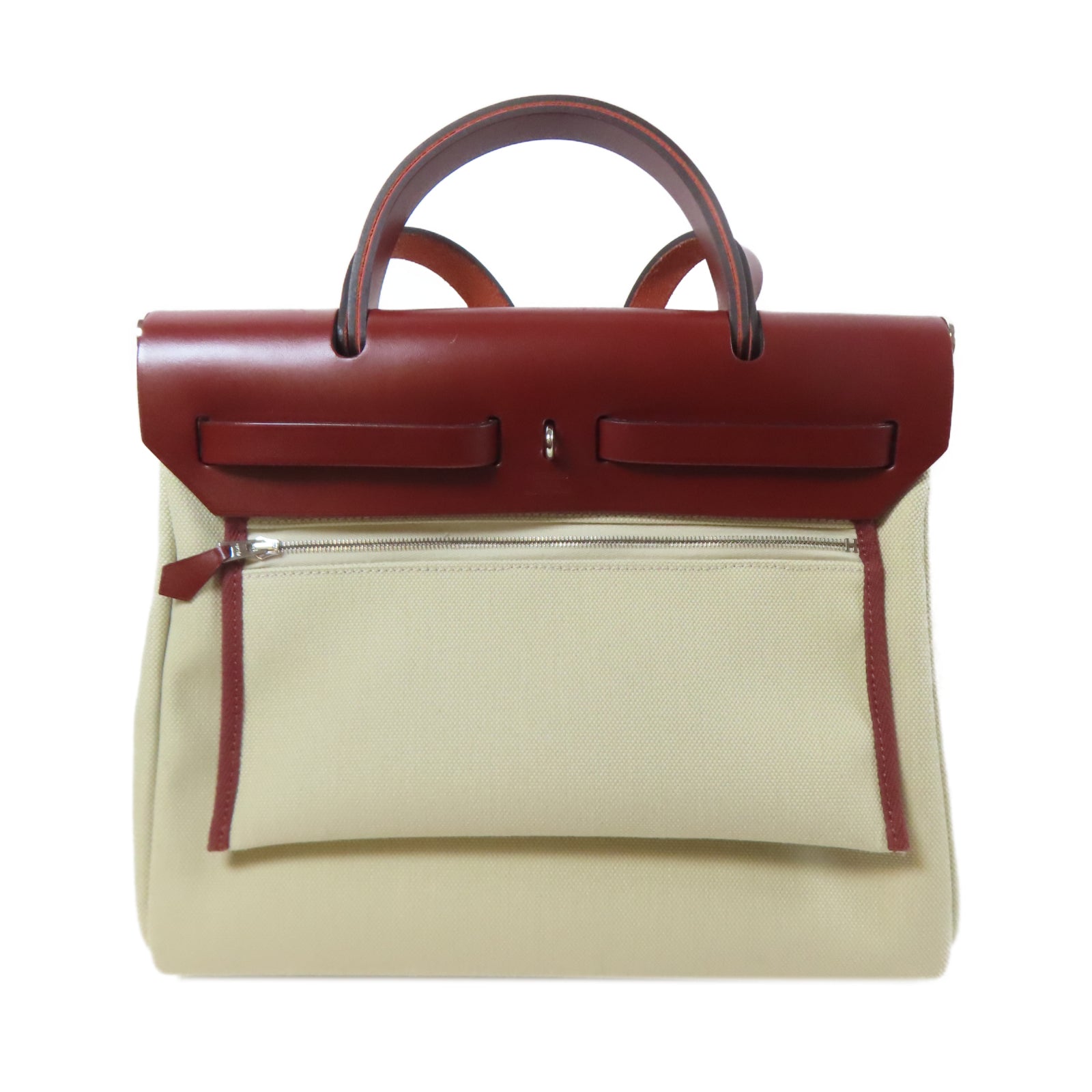 HERMES 帆布Herbag PM銀扣手挽肩背兩用袋奶油白色/紅色