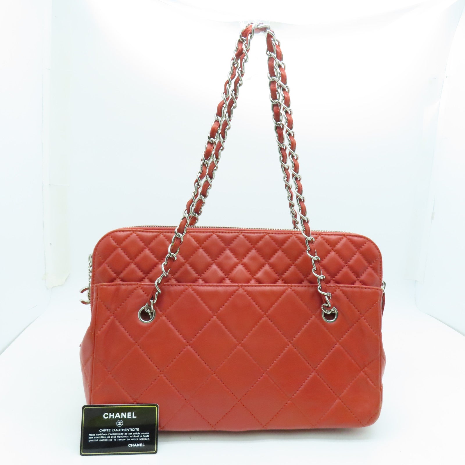 CHANEL 菱格牛皮皮革Chain Shoulder Bag銀扣鏈帶肩背袋紅色