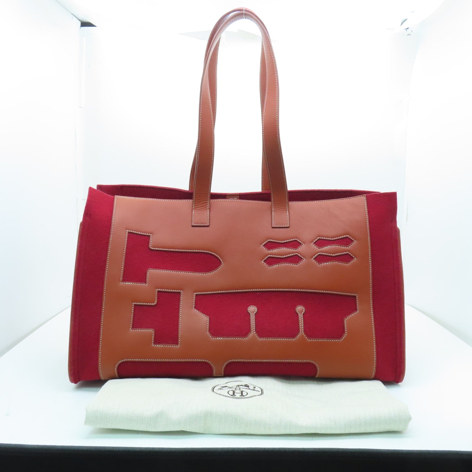 HERMES 【激減優惠】Epsom皮革/毛氈Petit H Tote GM肩背袋紅色/啡色