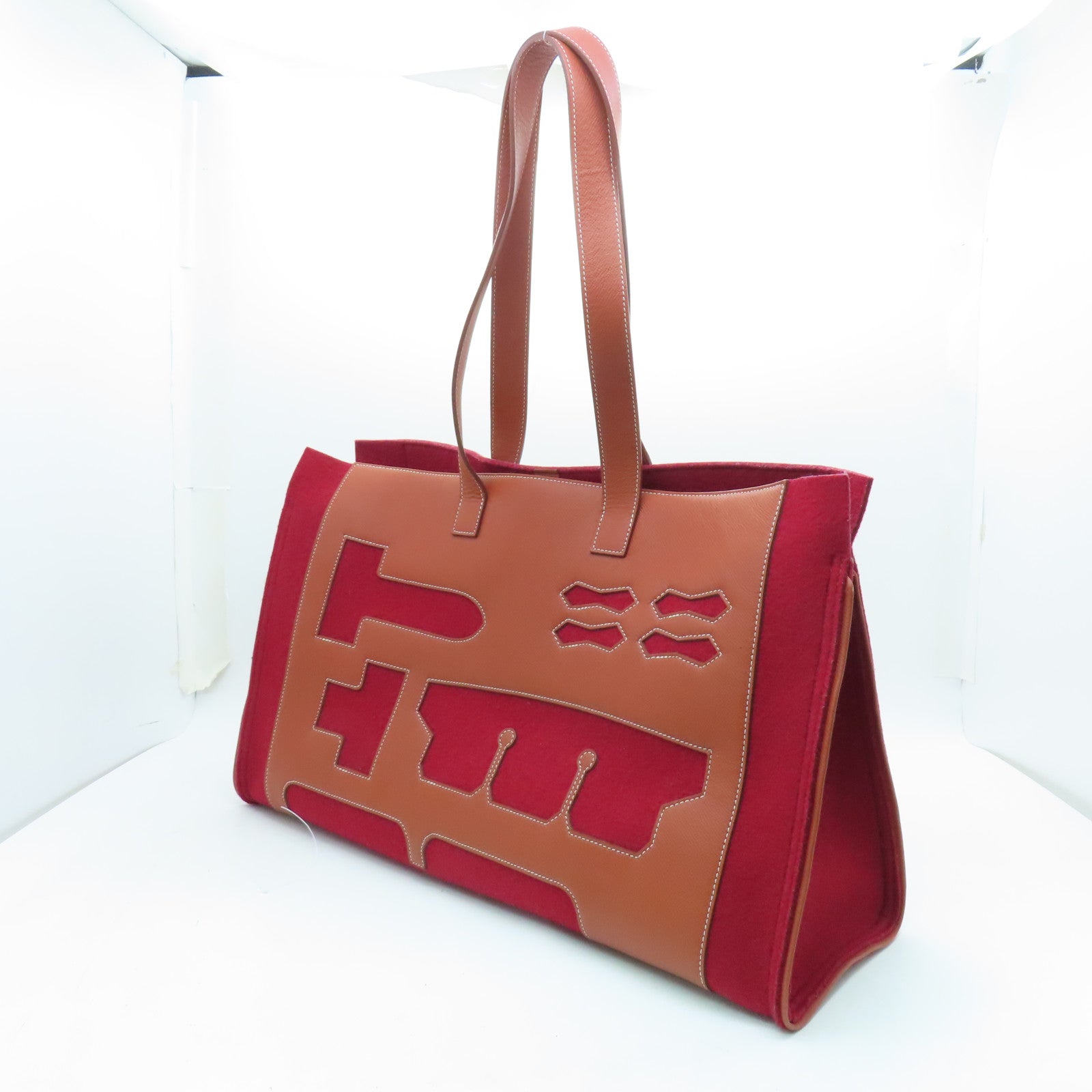 HERMES 【激減優惠】Epsom皮革/毛氈Petit H Tote GM肩背袋紅色/啡色