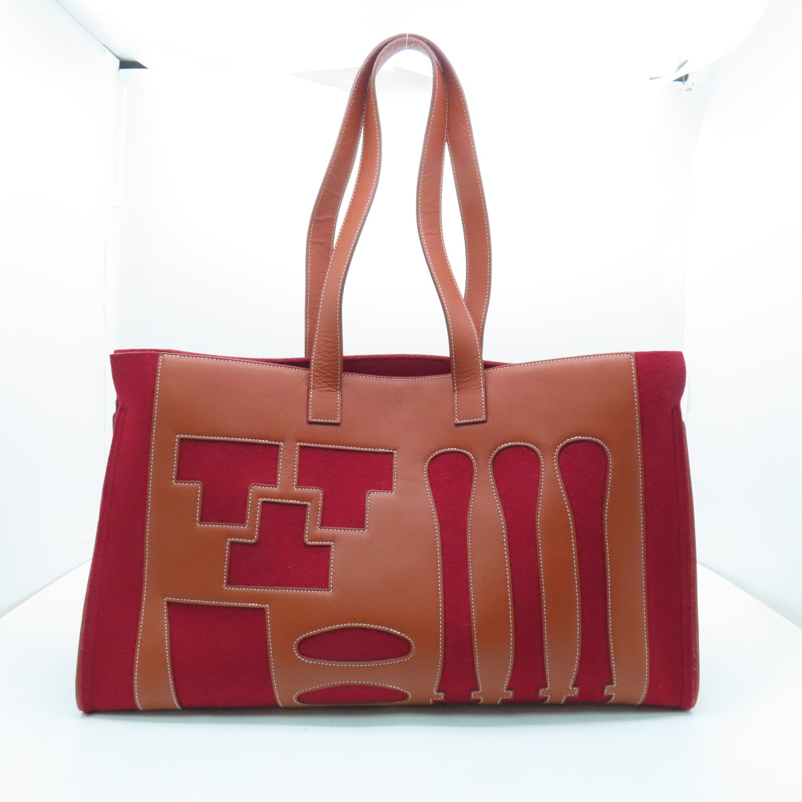 HERMES 【激減優惠】Epsom皮革/毛氈Petit H Tote GM肩背袋紅色/啡色